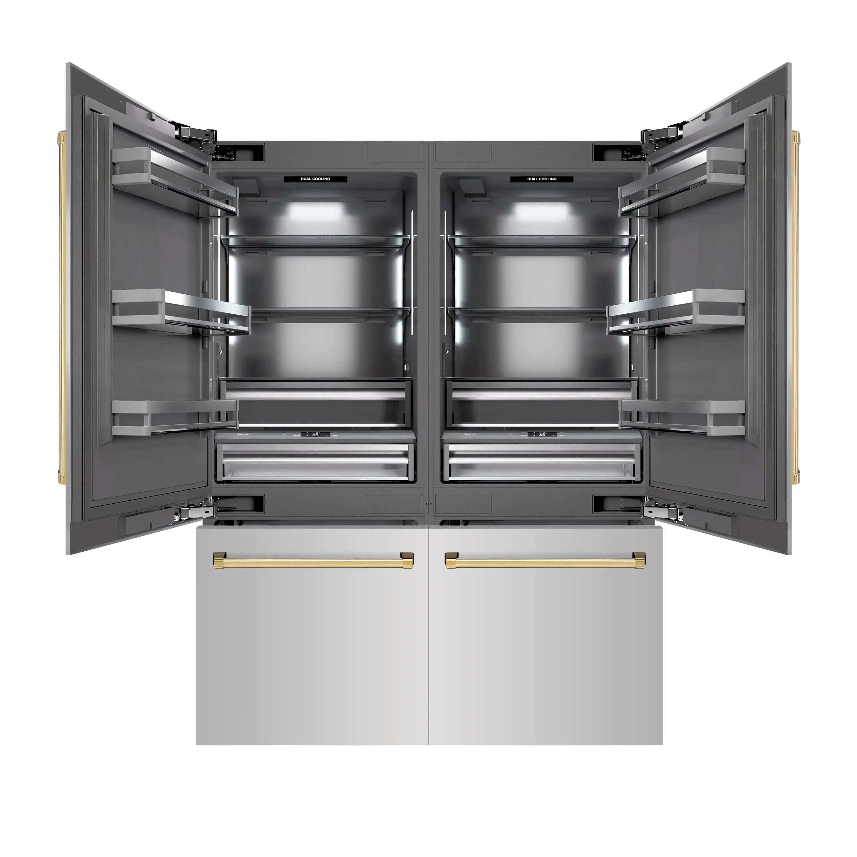 Open French door refrigerator interior with adjustable shelves and bins