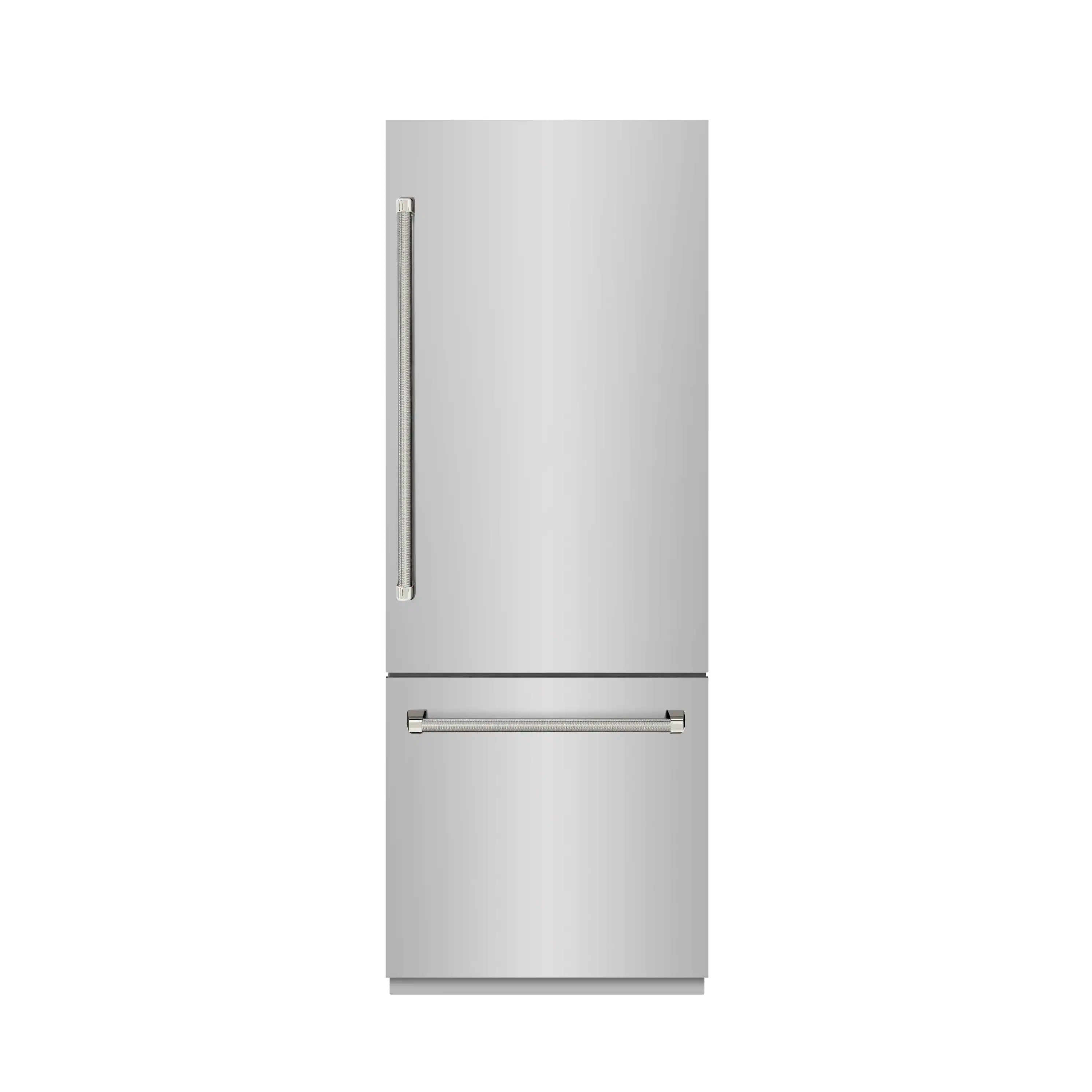 Built-in refrigerator with stainless exterior and polished nickel helix handle, two-door design