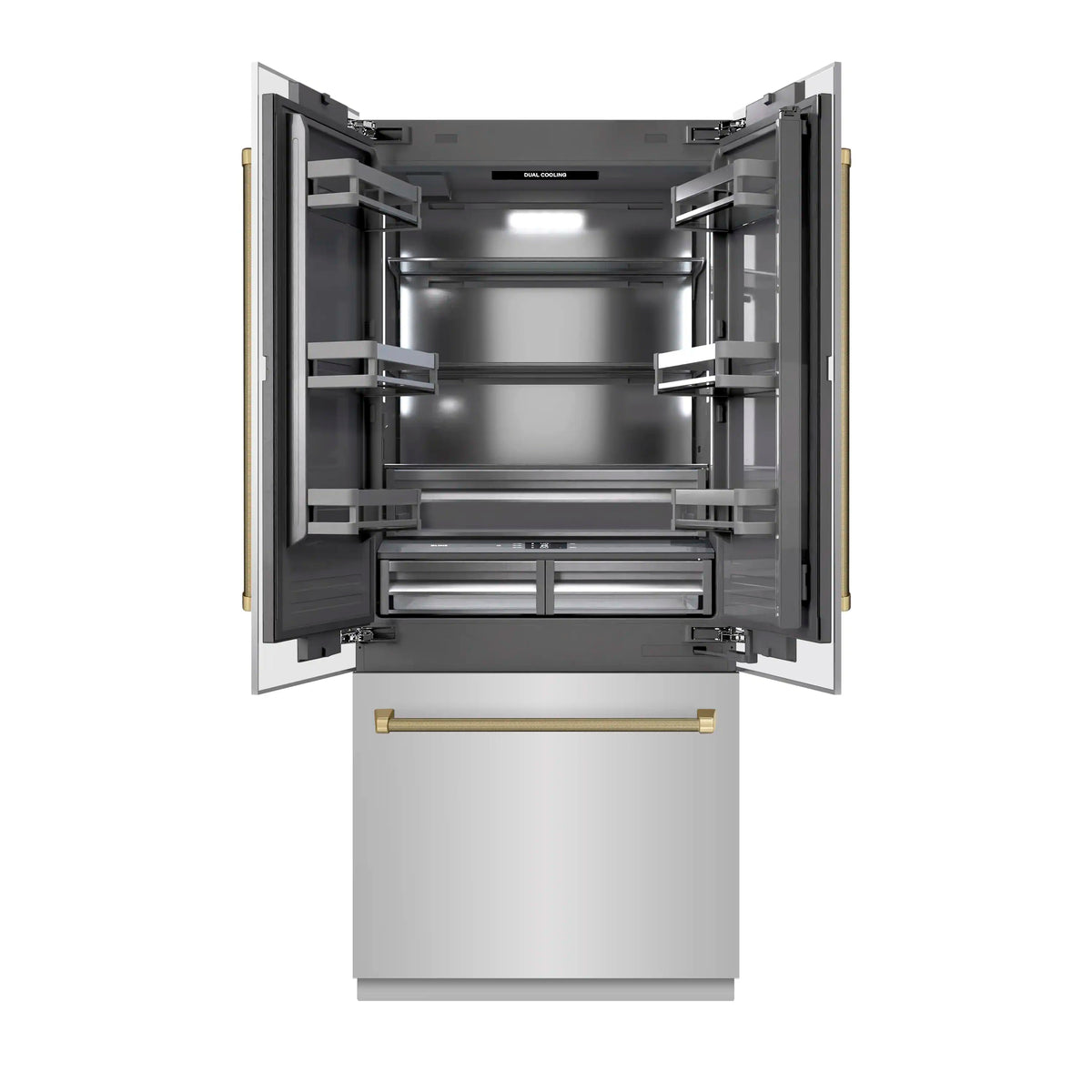 Built-in French door refrigerator with open doors, gray interior shelves and drawers
