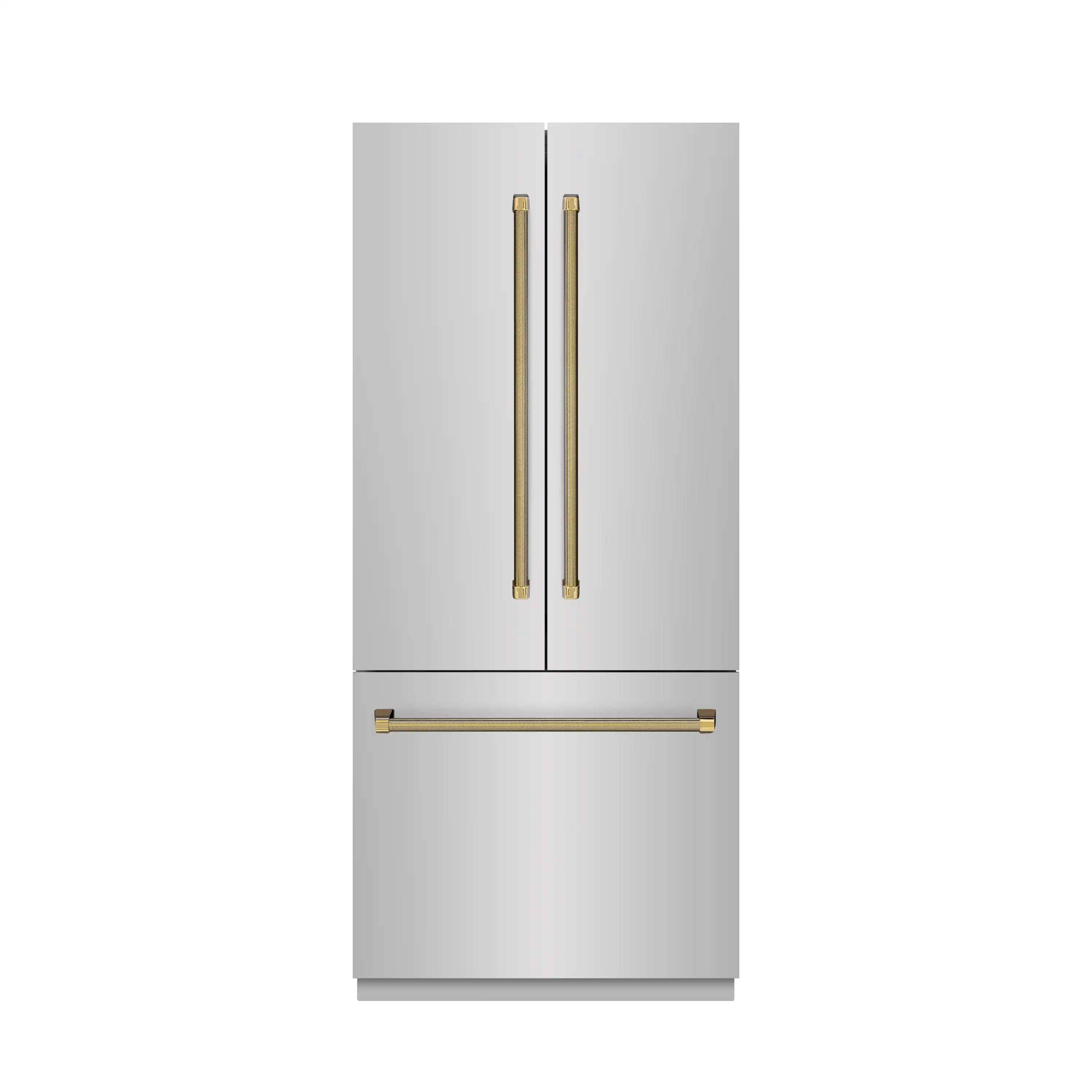Built-in French door refrigerator with gold vertical handles and matching bottom bar handle