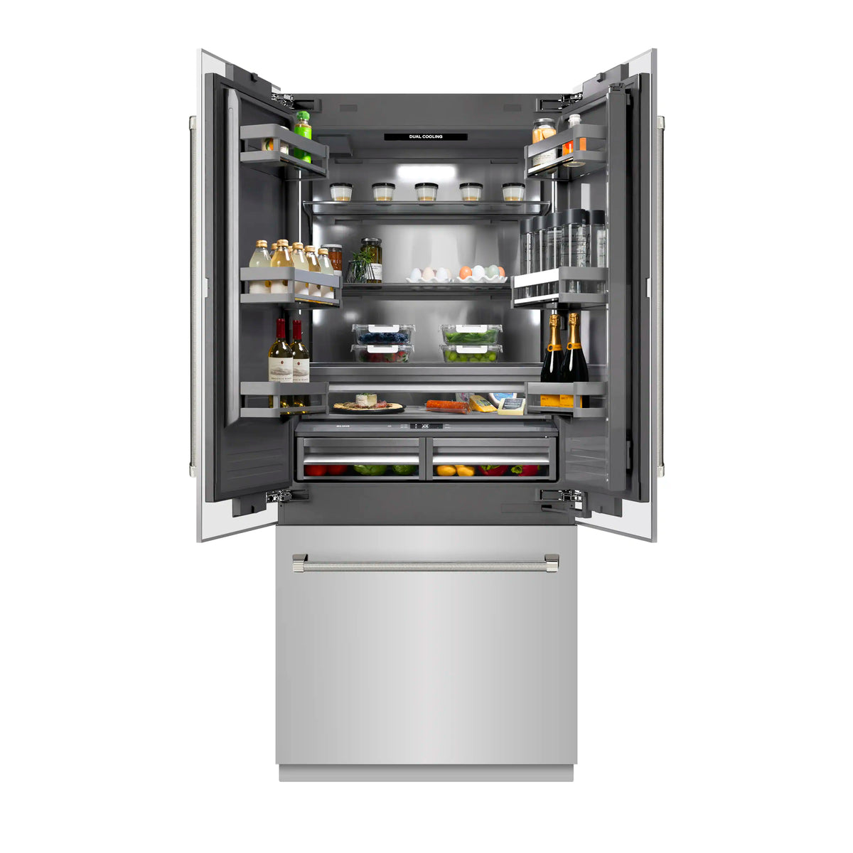 Built-in French door refrigerator with doors open, gray interior shelves and drawers.