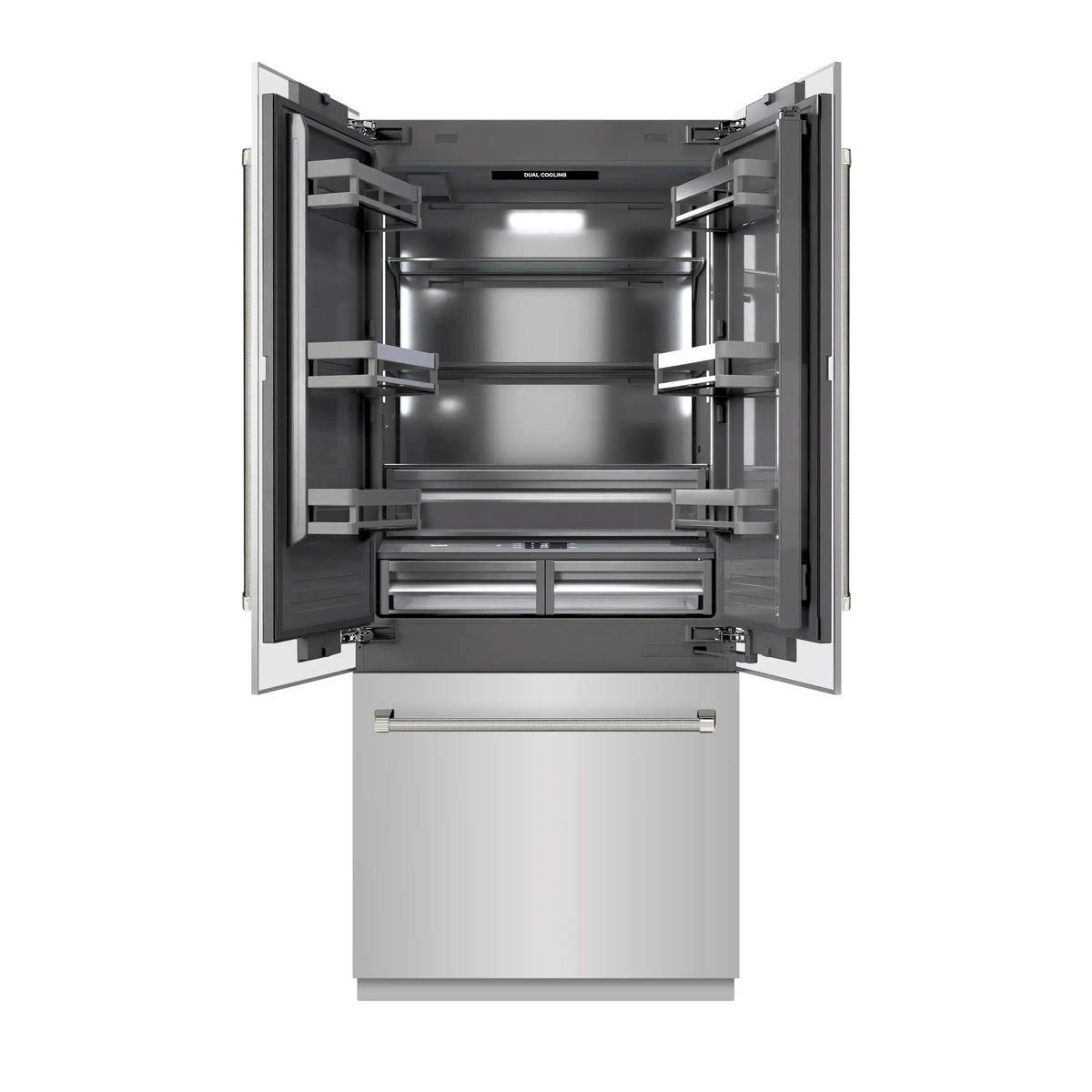 Built-in French door refrigerator with doors open, gray interior, empty adjustable shelves.