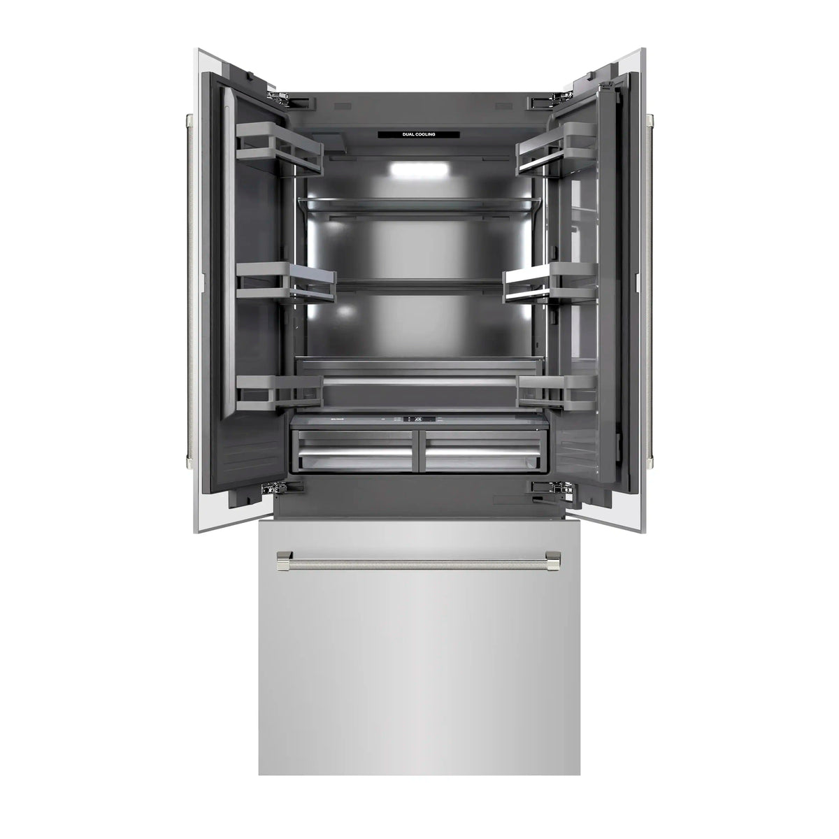 Built-in French door refrigerator interior with bright light and adjustable door shelves.