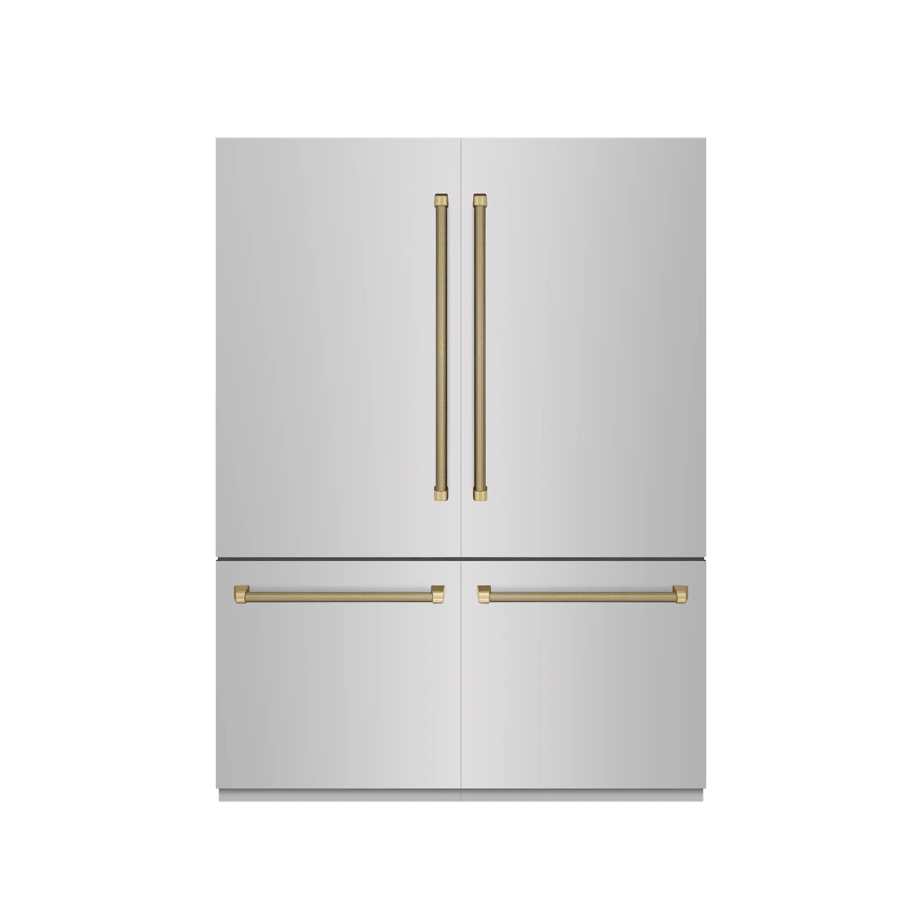 Built-in gray refrigerator with champagne bronze helix handles and two horizontal bar pulls
