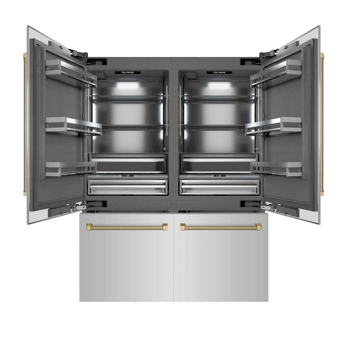 Built-in refrigerator open view showing gray interior shelves and dual champagne bronze handles