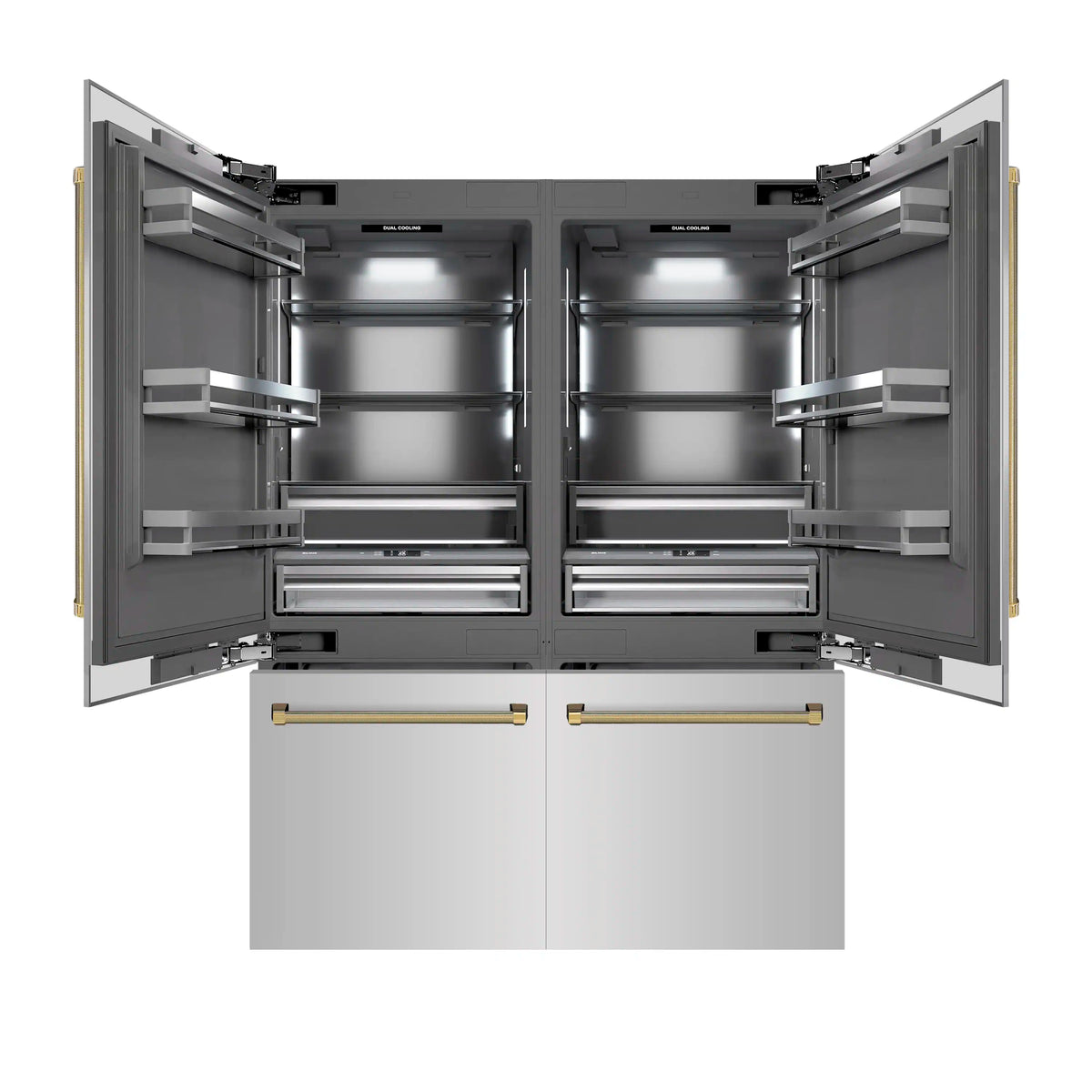 Built-in refrigerator with gray interior; open doors showing shelves and polished gold helix handles