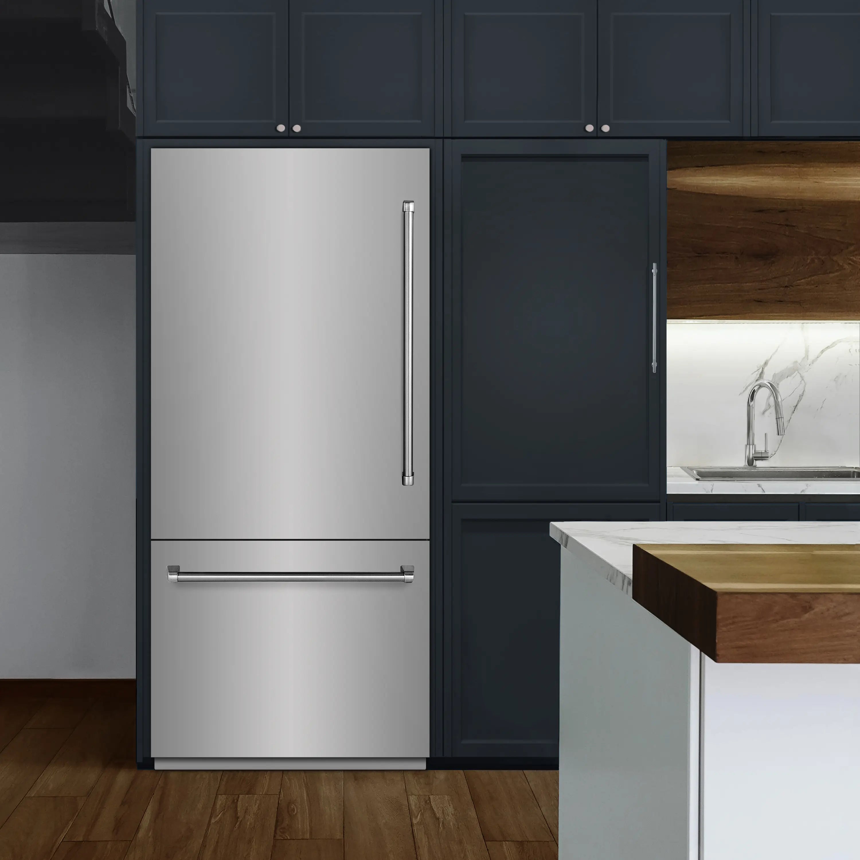 Built-in stainless steel bottom freezer refrigerator installed in a kitchen with cabinetry