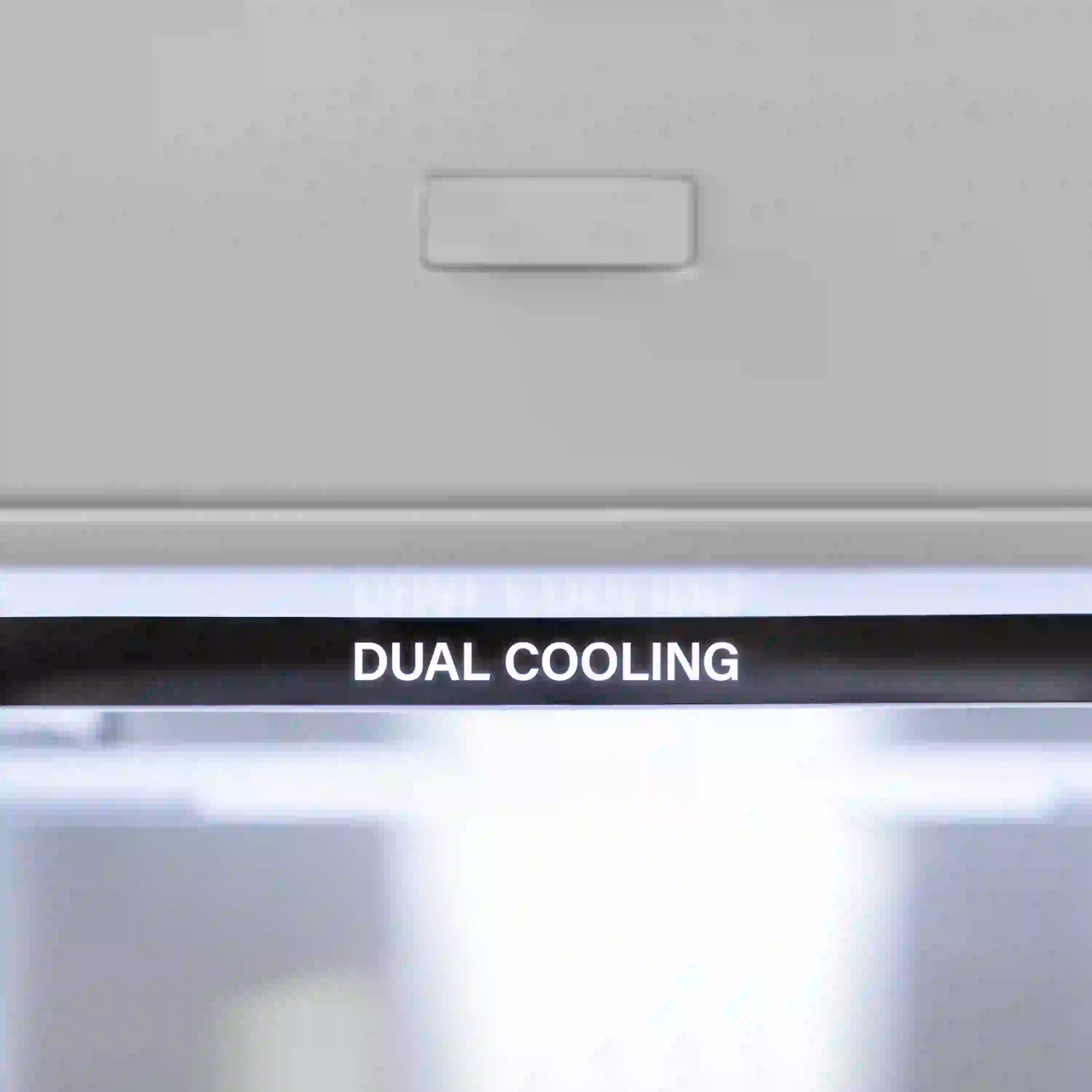 Stainless steel refrigerator control panel label reading "DUAL COOLING"
