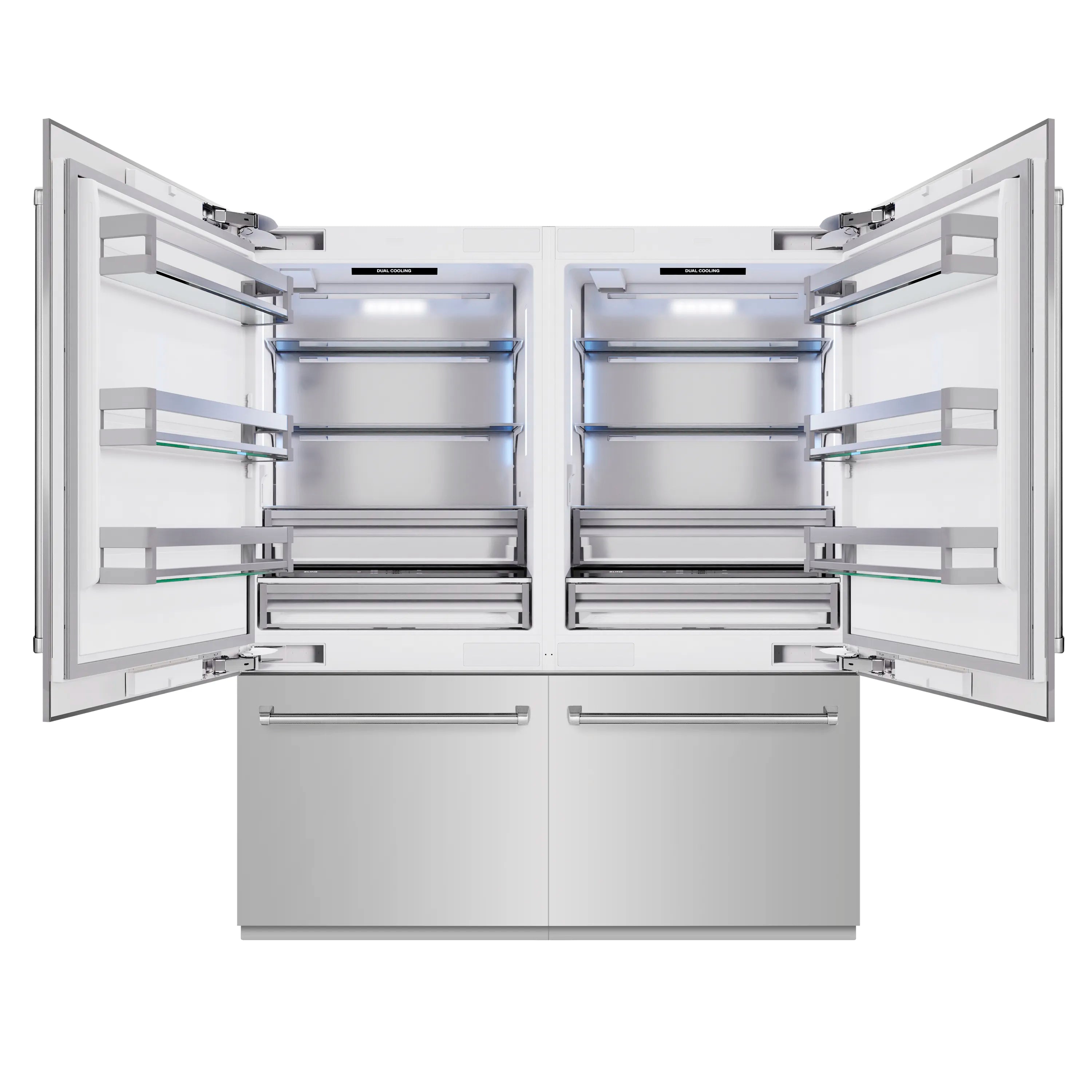 French door refrigerator open view with interior shelves and drawers