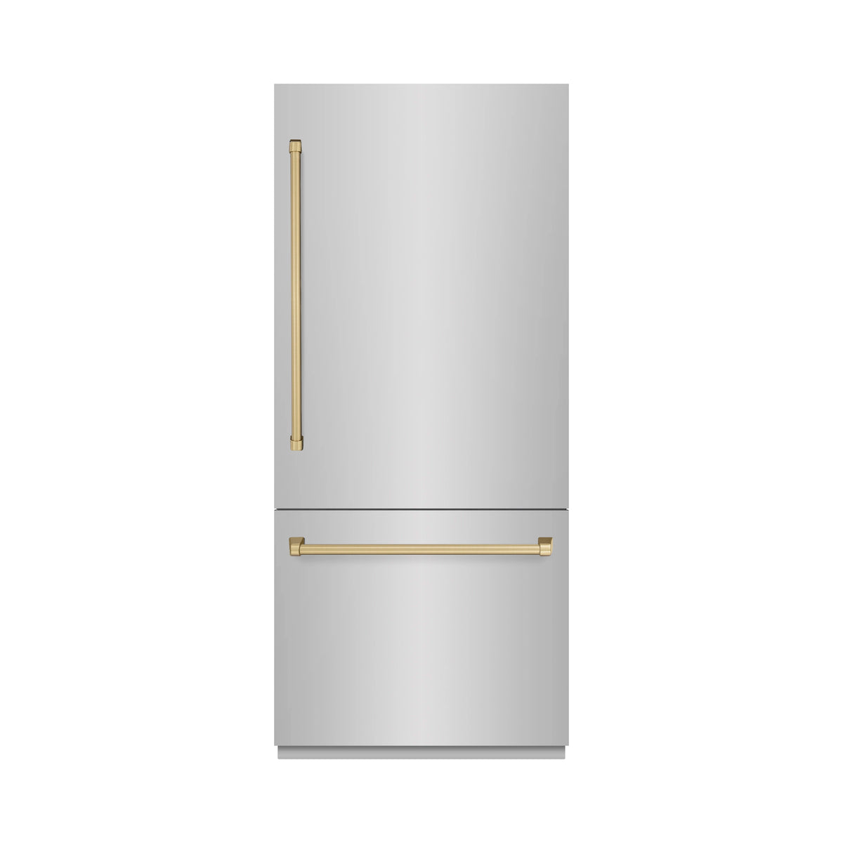 Stainless bottom freezer refrigerator door with champagne bronze handle accents