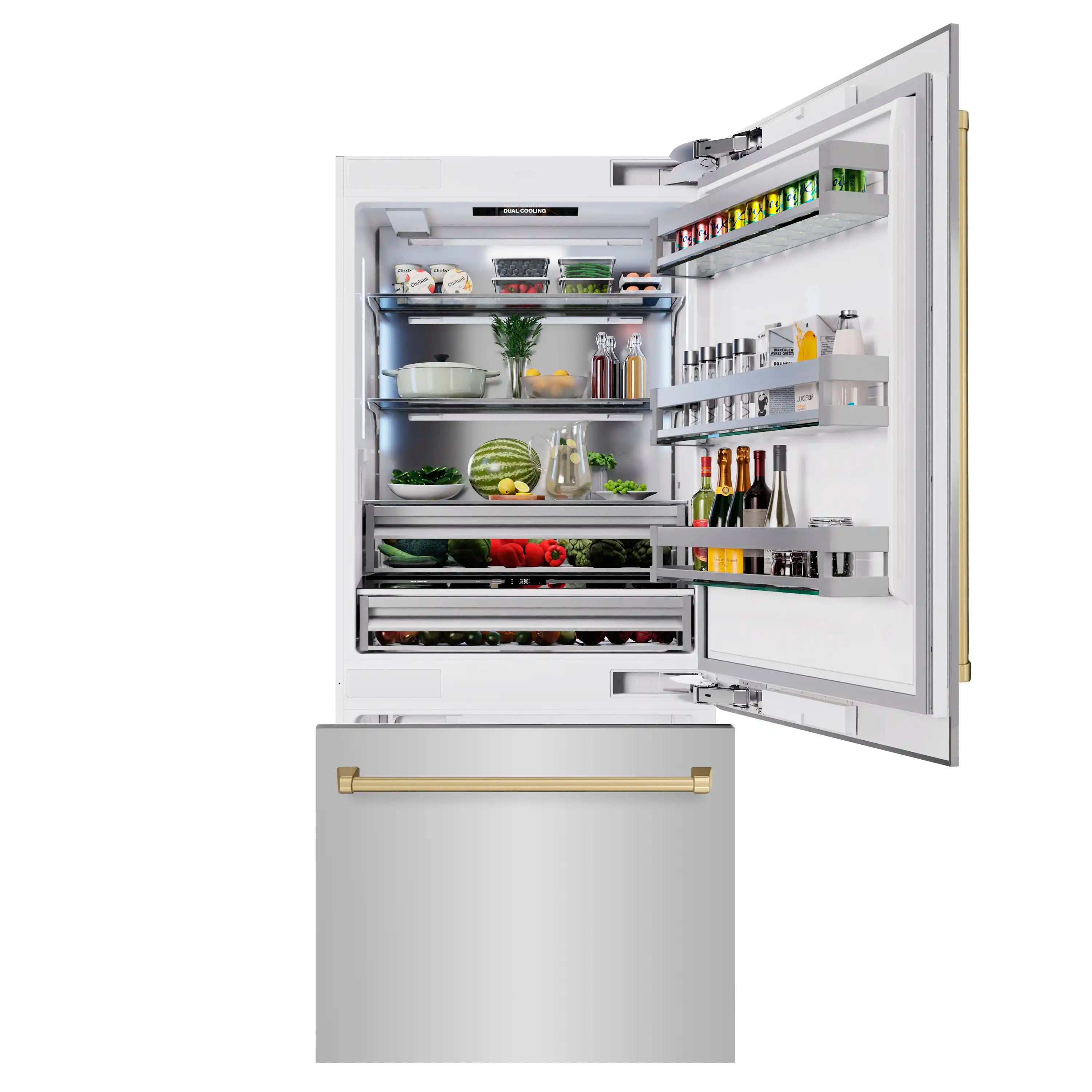 Open bottom freezer refrigerator with interior shelves and door compartments