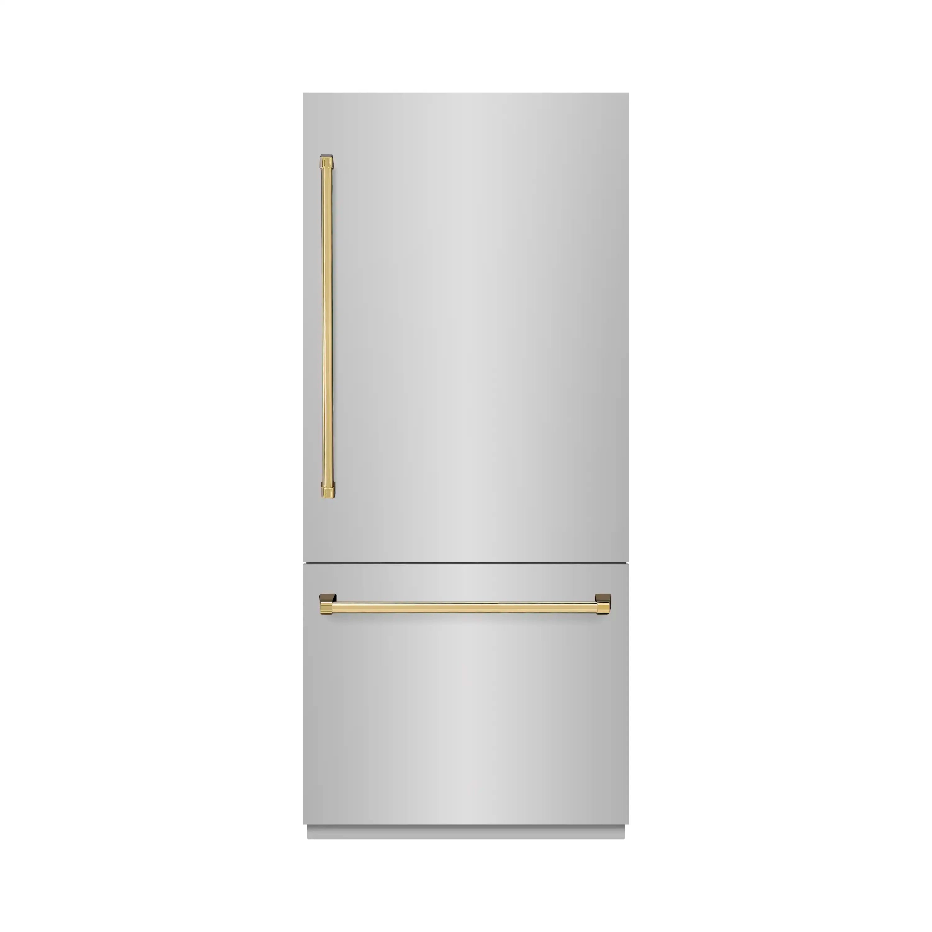 Built-in stainless refrigerator with polished gold vertical and horizontal handles