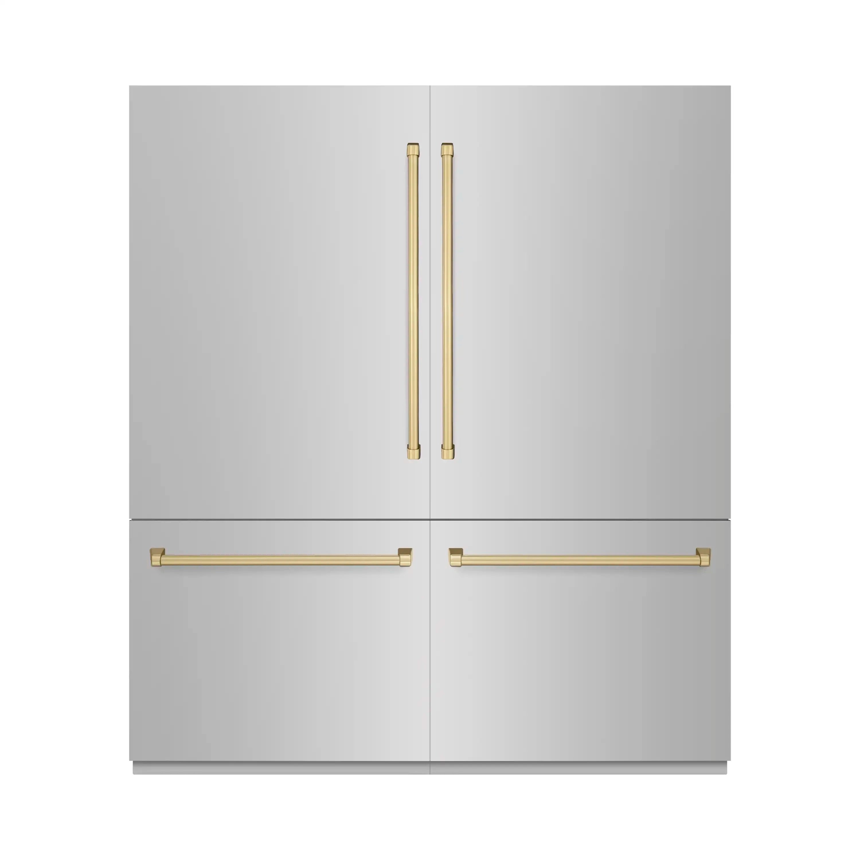 Stainless French door refrigerator with champagne bronze handles and bottom freezer doors.