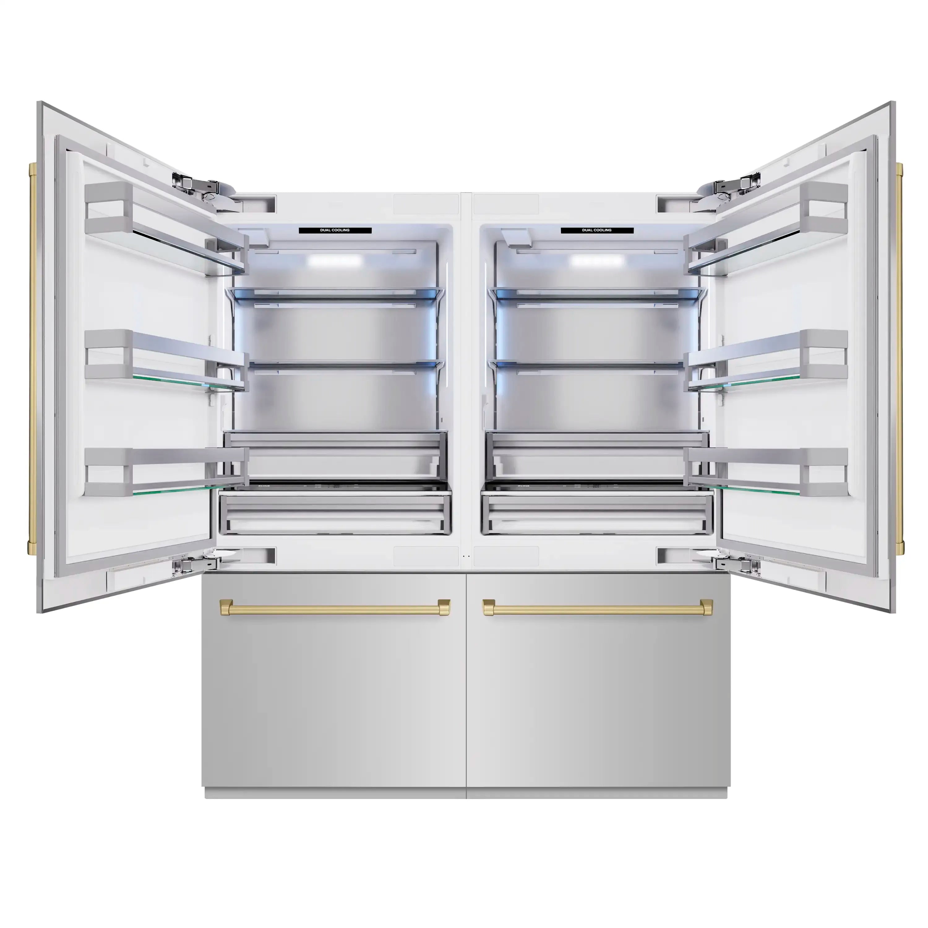 French door refrigerator open, displaying adjustable shelves and bottom freezer drawers with tracks.