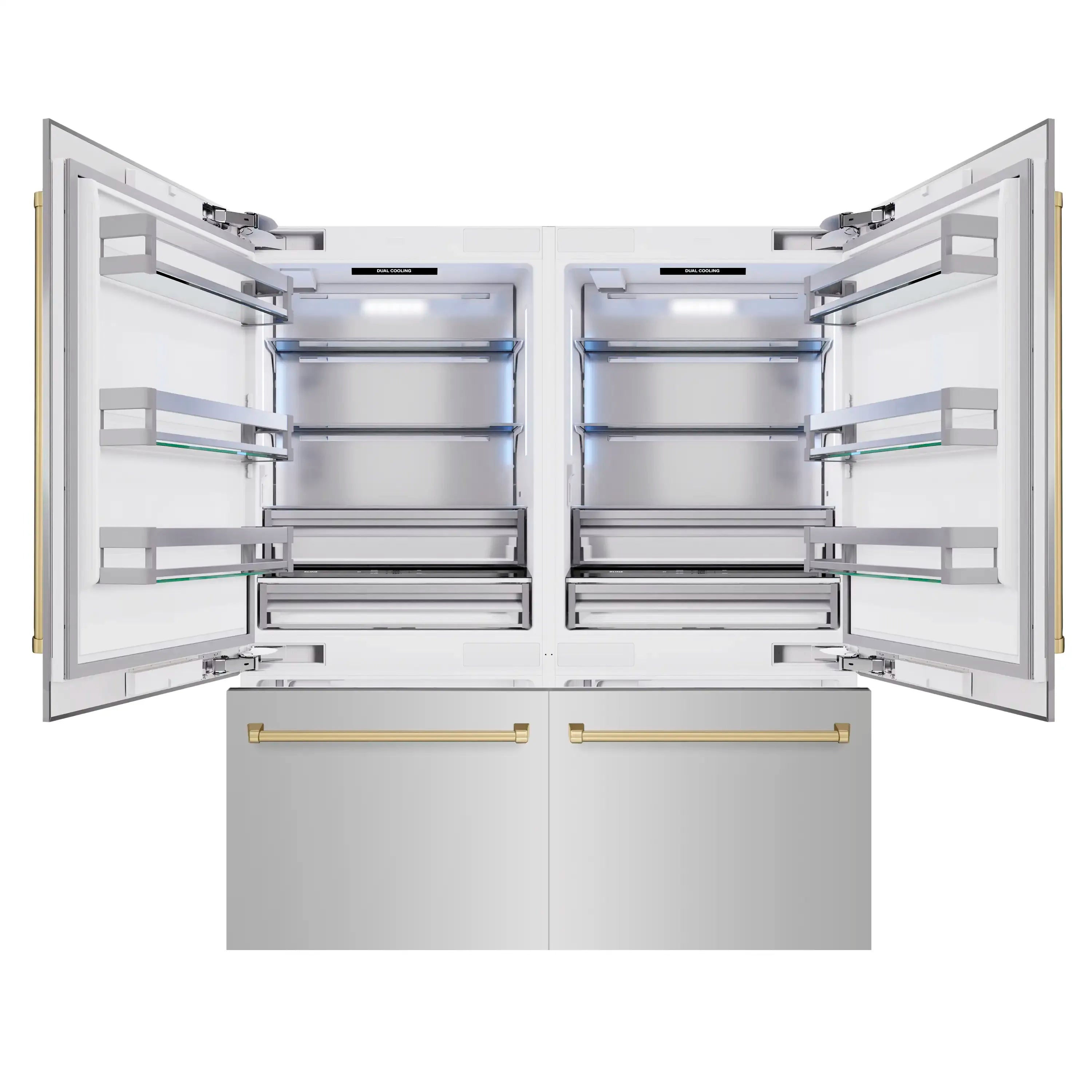 French door refrigerator open to show dual interior shelves and center divider, with drawers below.