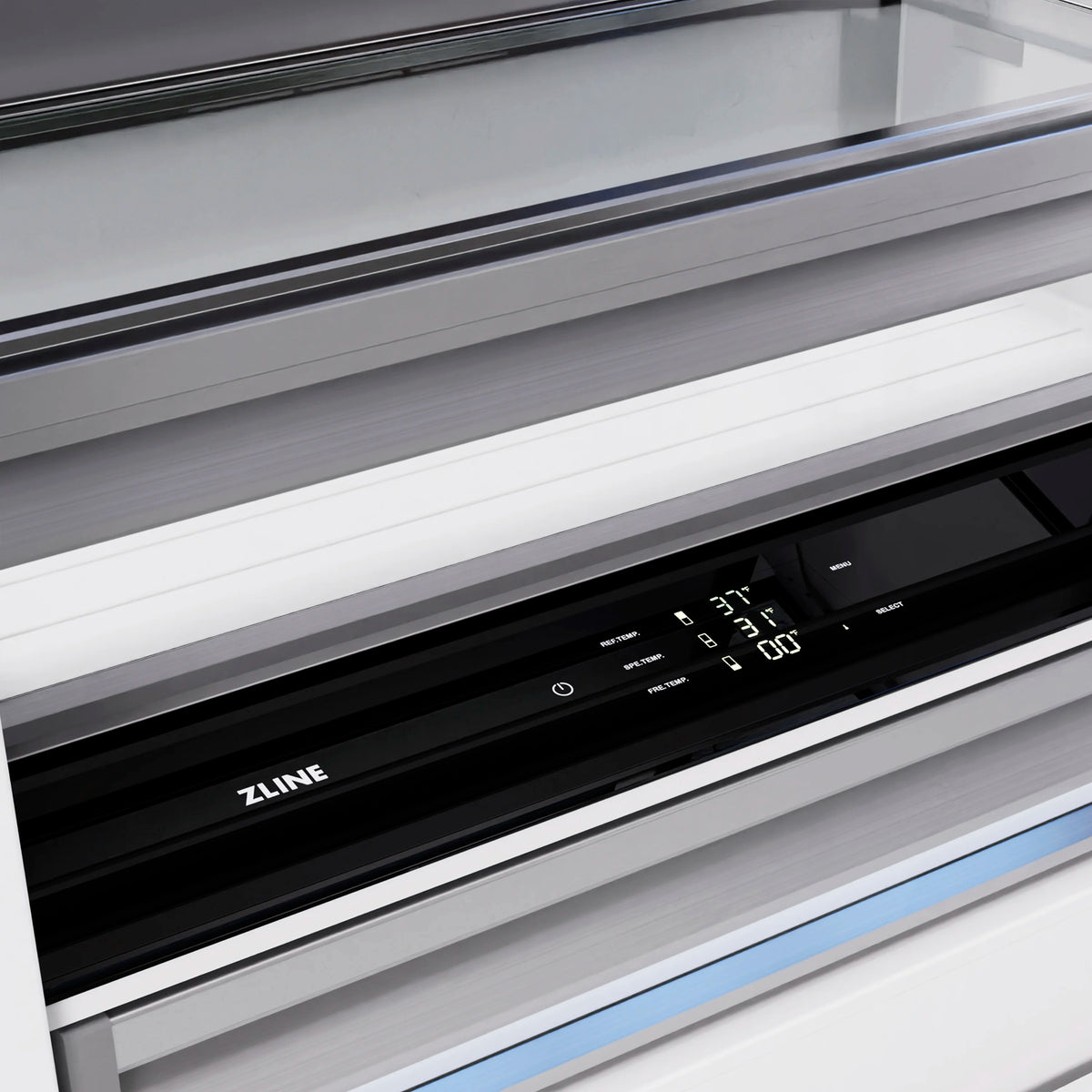 Stainless steel refrigerator control panel with ZLINE display and water dispenser controls