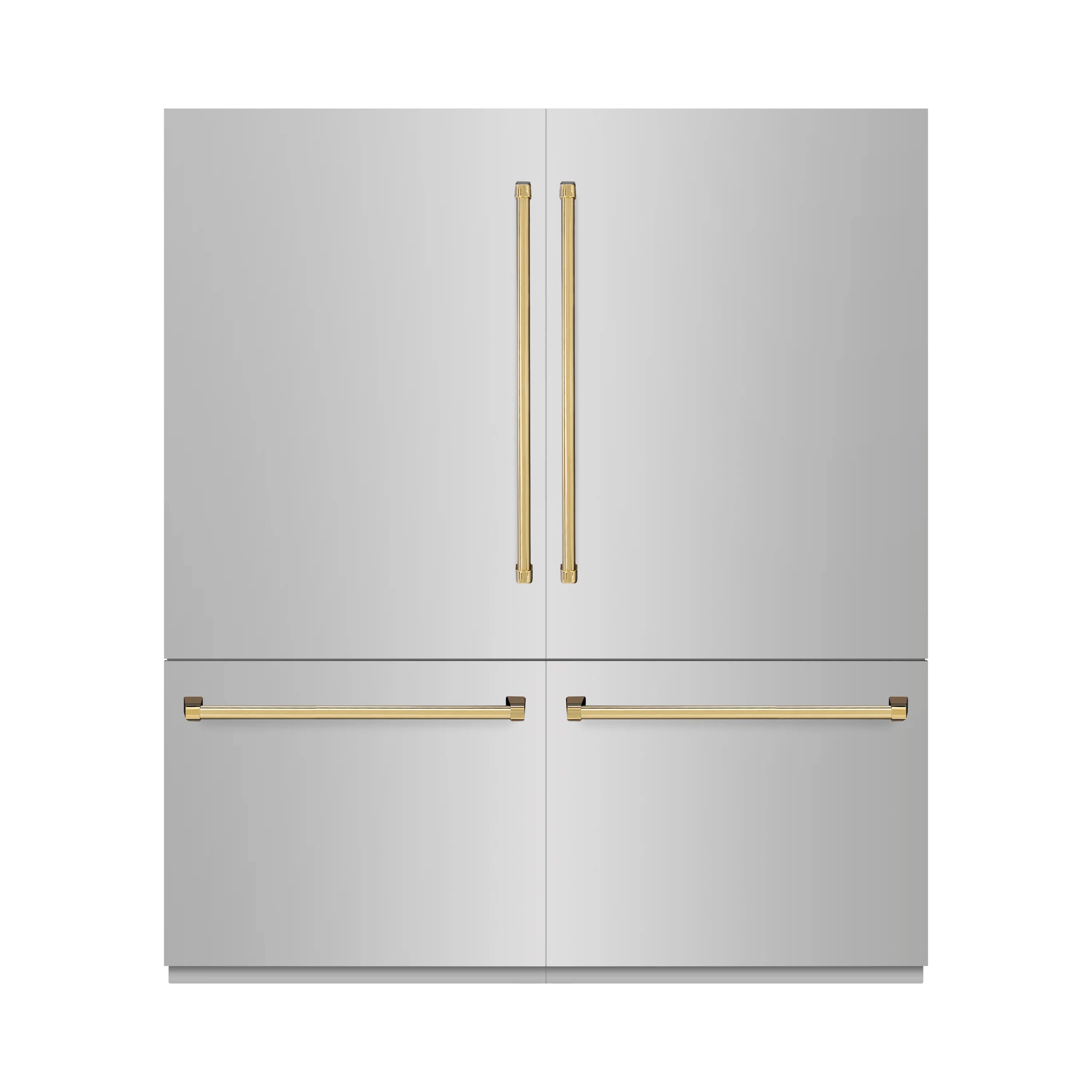 Stainless steel refrigerator with polished gold handles and matching front trim