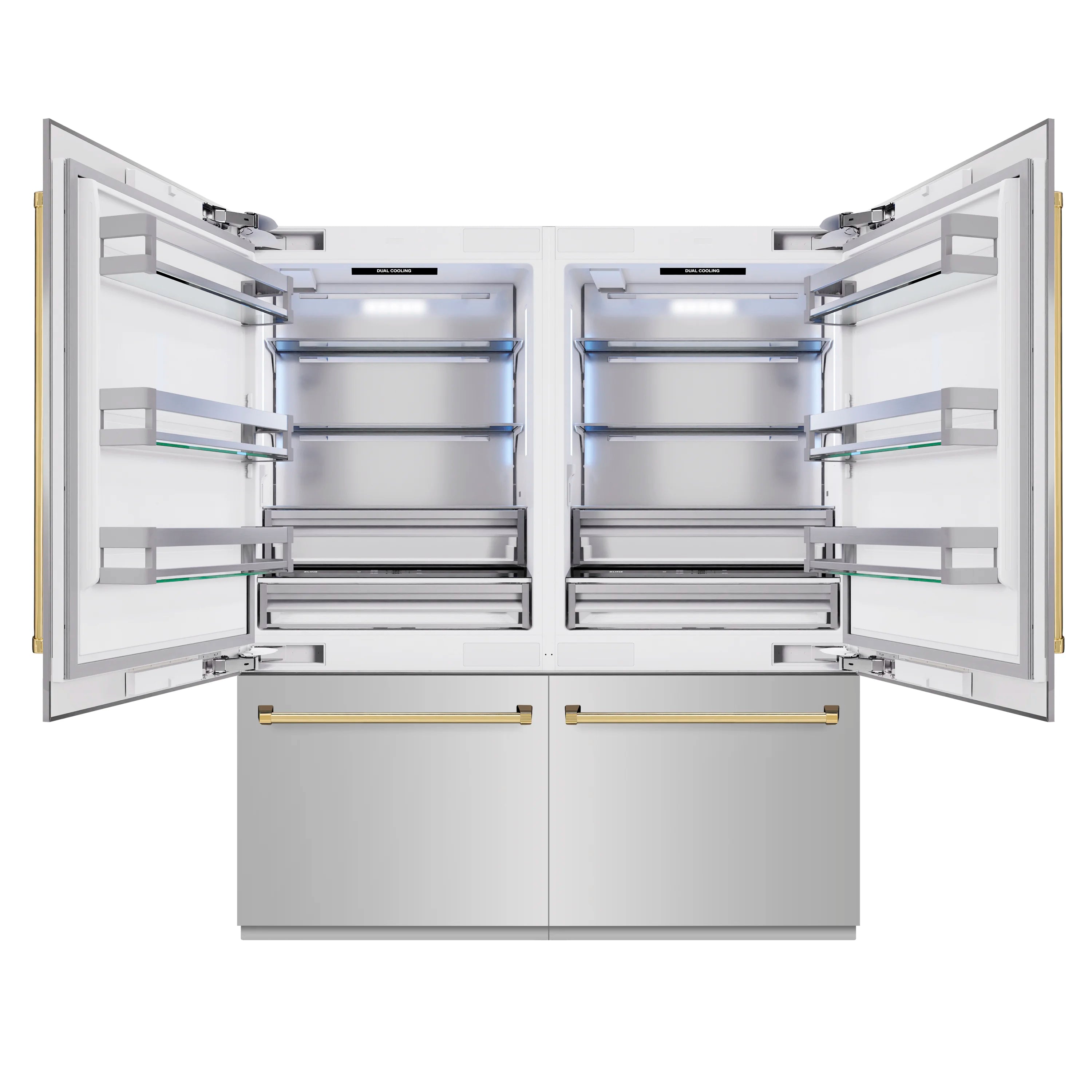 French door refrigerator with doors open, showing shelves and polished gold accent handles