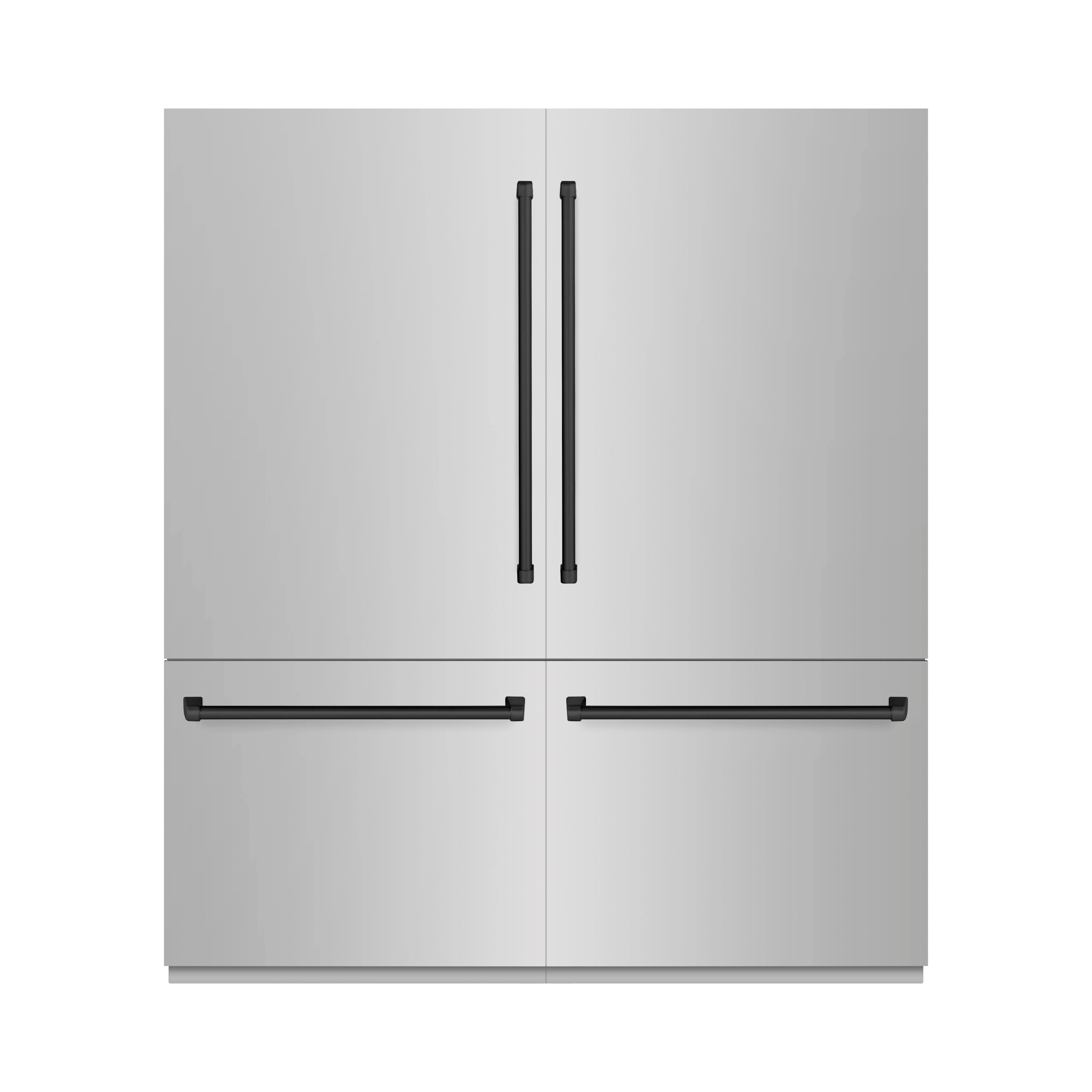 Stainless steel refrigerator with matte black handles and French door design