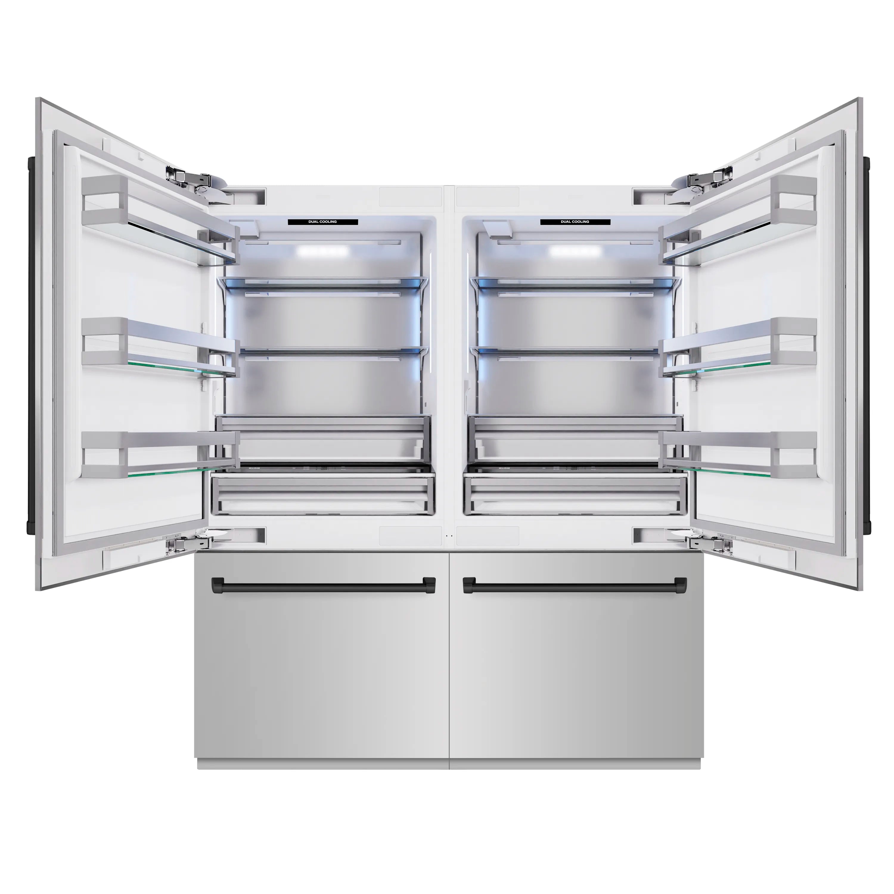 Stainless steel refrigerator with both doors open showing shelves and drawers
