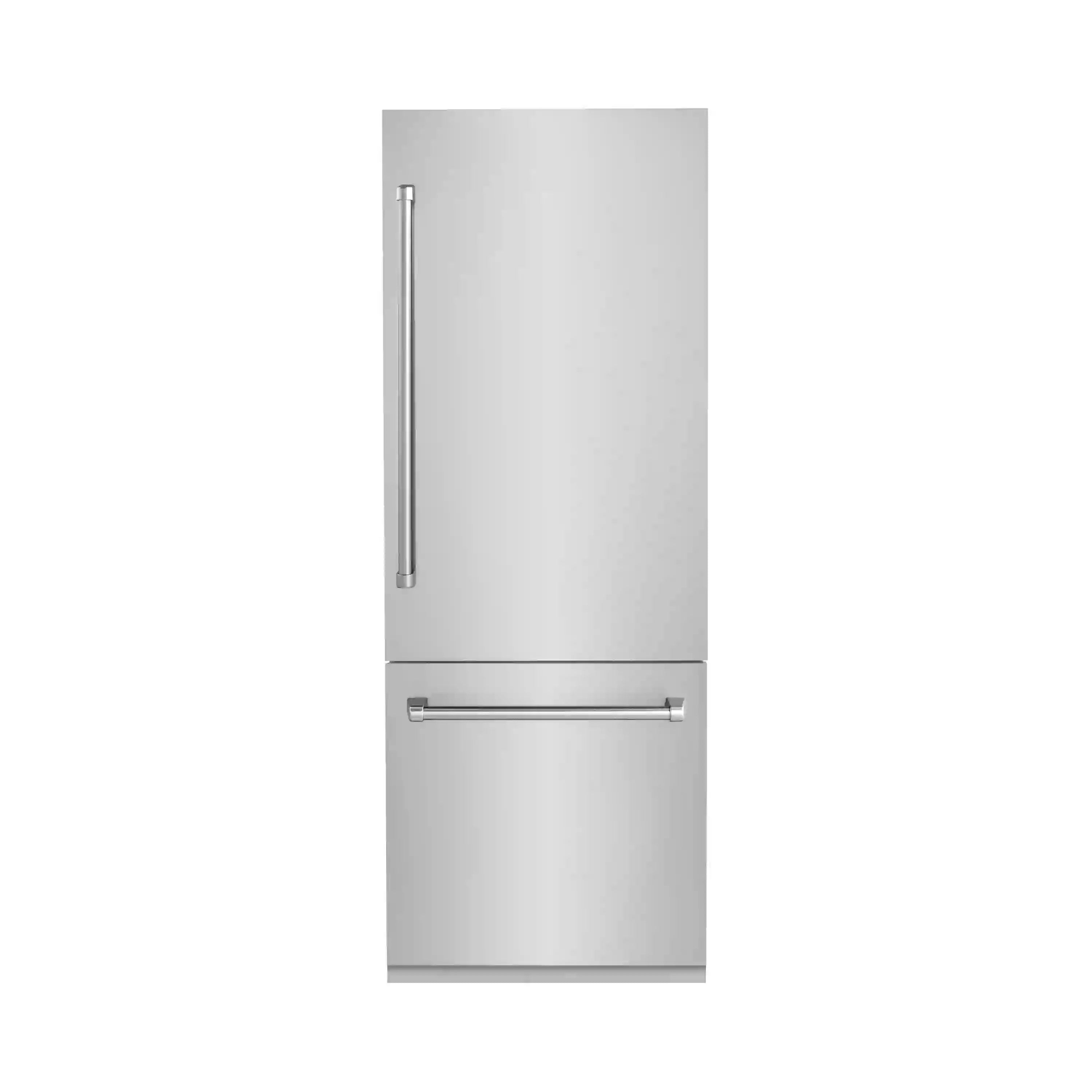 Stainless steel bottom-freezer refrigerator with upper dispenser lever and lower door