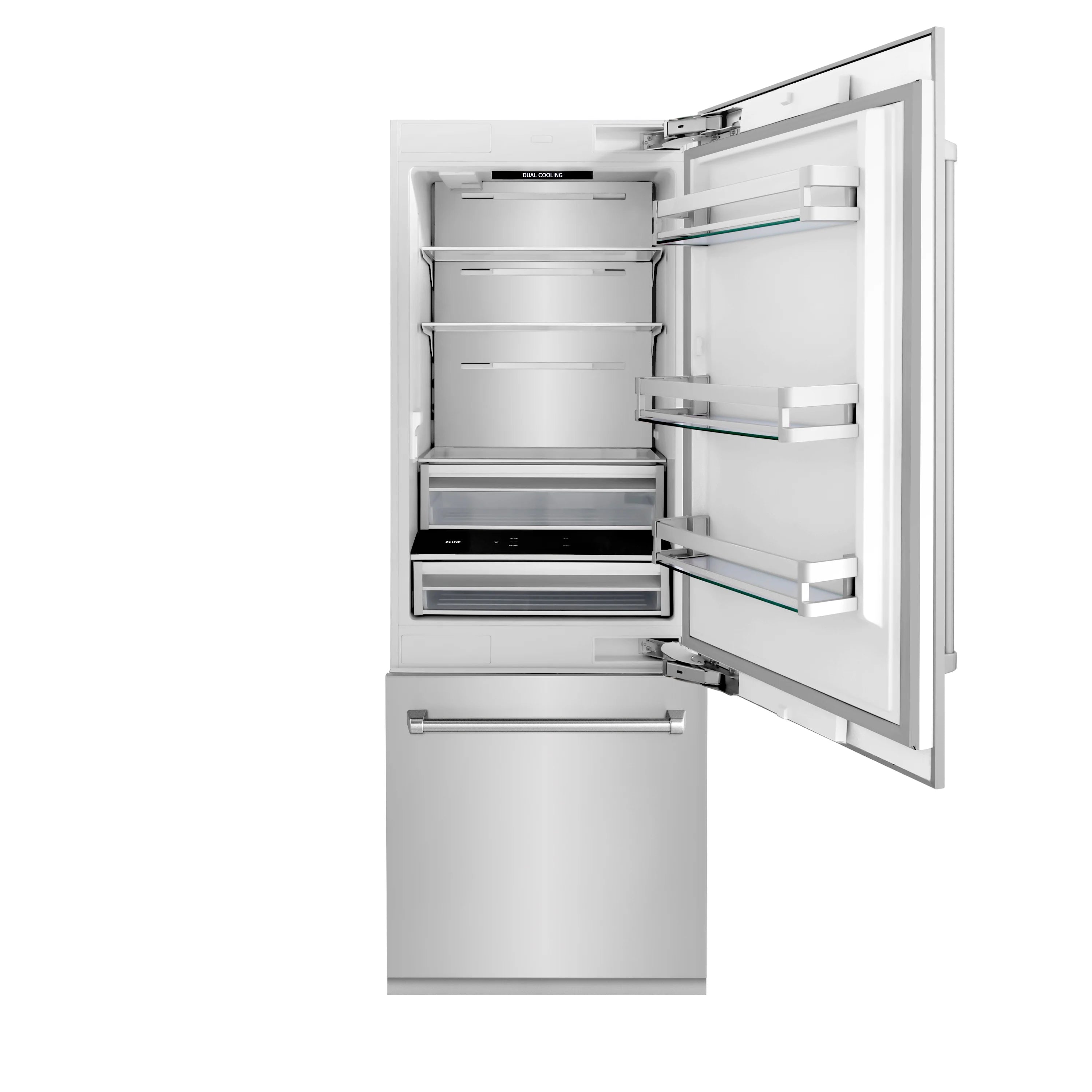 Bottom-freezer refrigerator with door open, interior shelves, drawers, and side bins visible