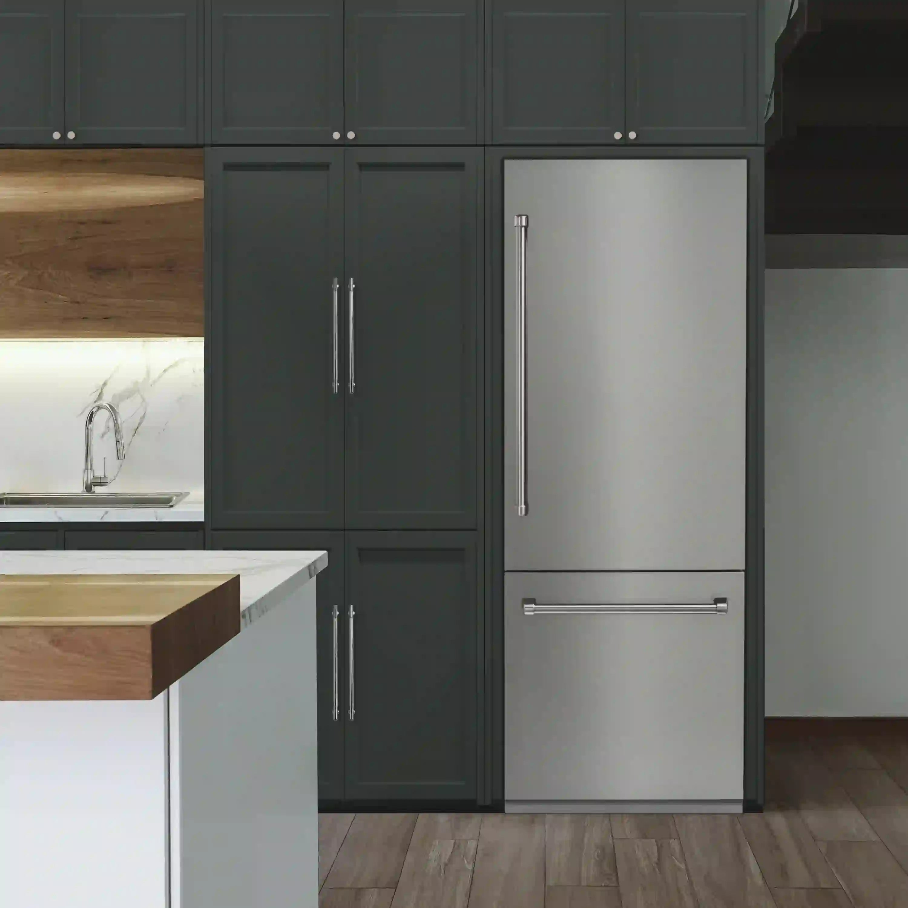 Built-in stainless steel bottom-freezer refrigerator with two doors and front handles