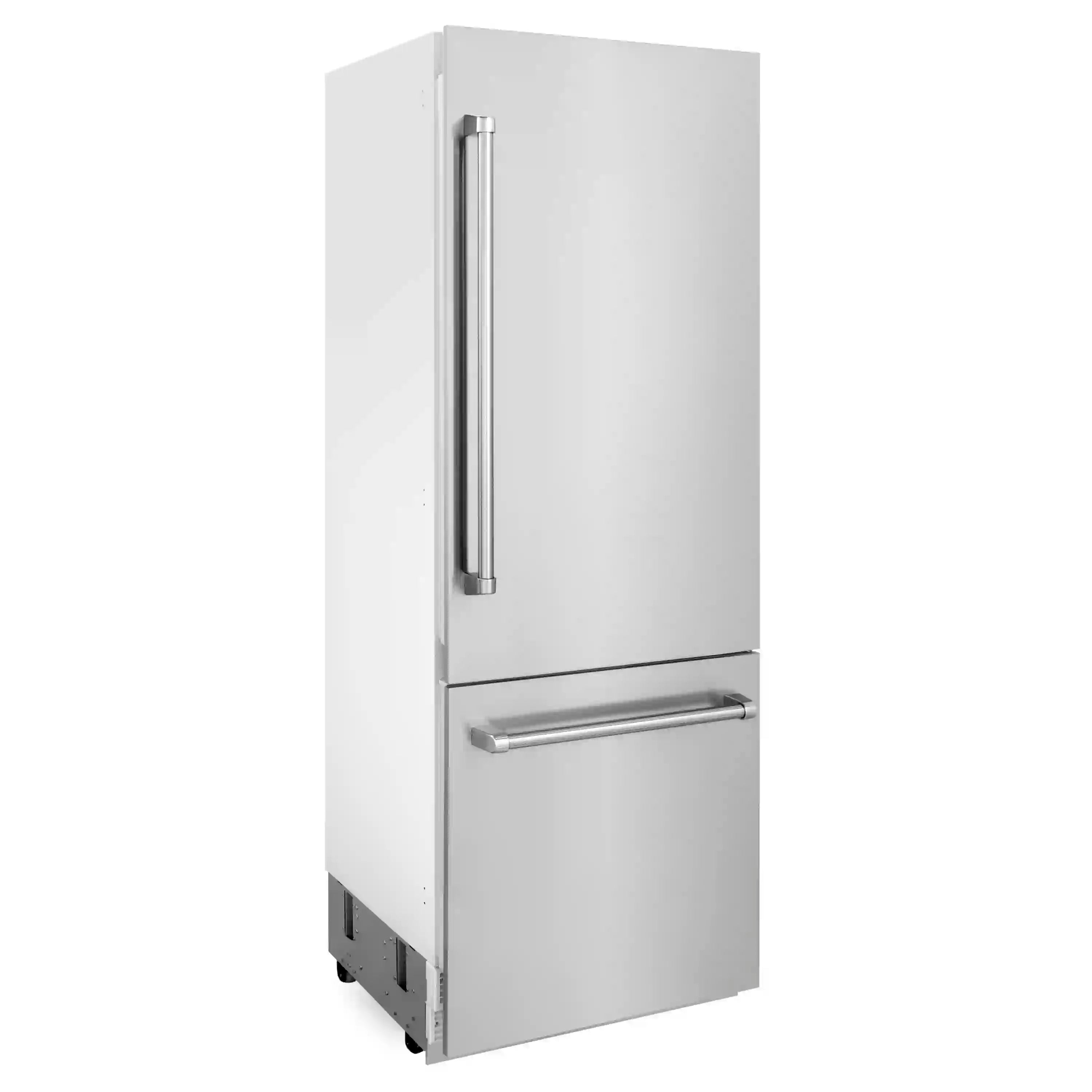 Stainless steel bottom-freezer refrigerator with vertical dispenser handle and pull bar