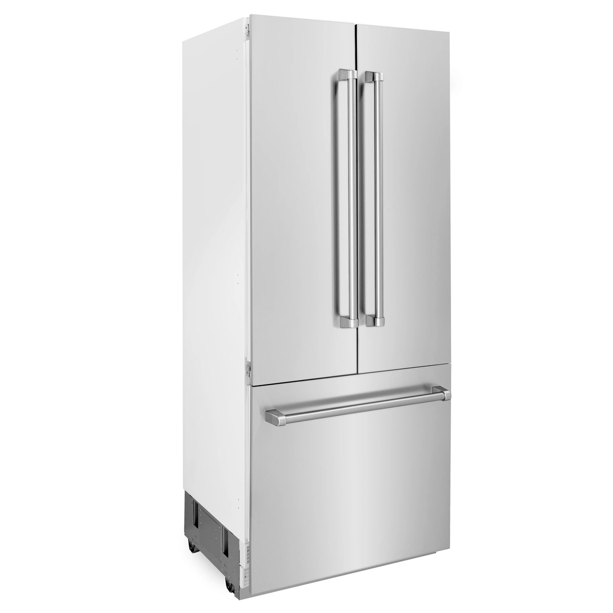 Stainless steel refrigerator with double doors, long handle, and bottom freezer drawer.