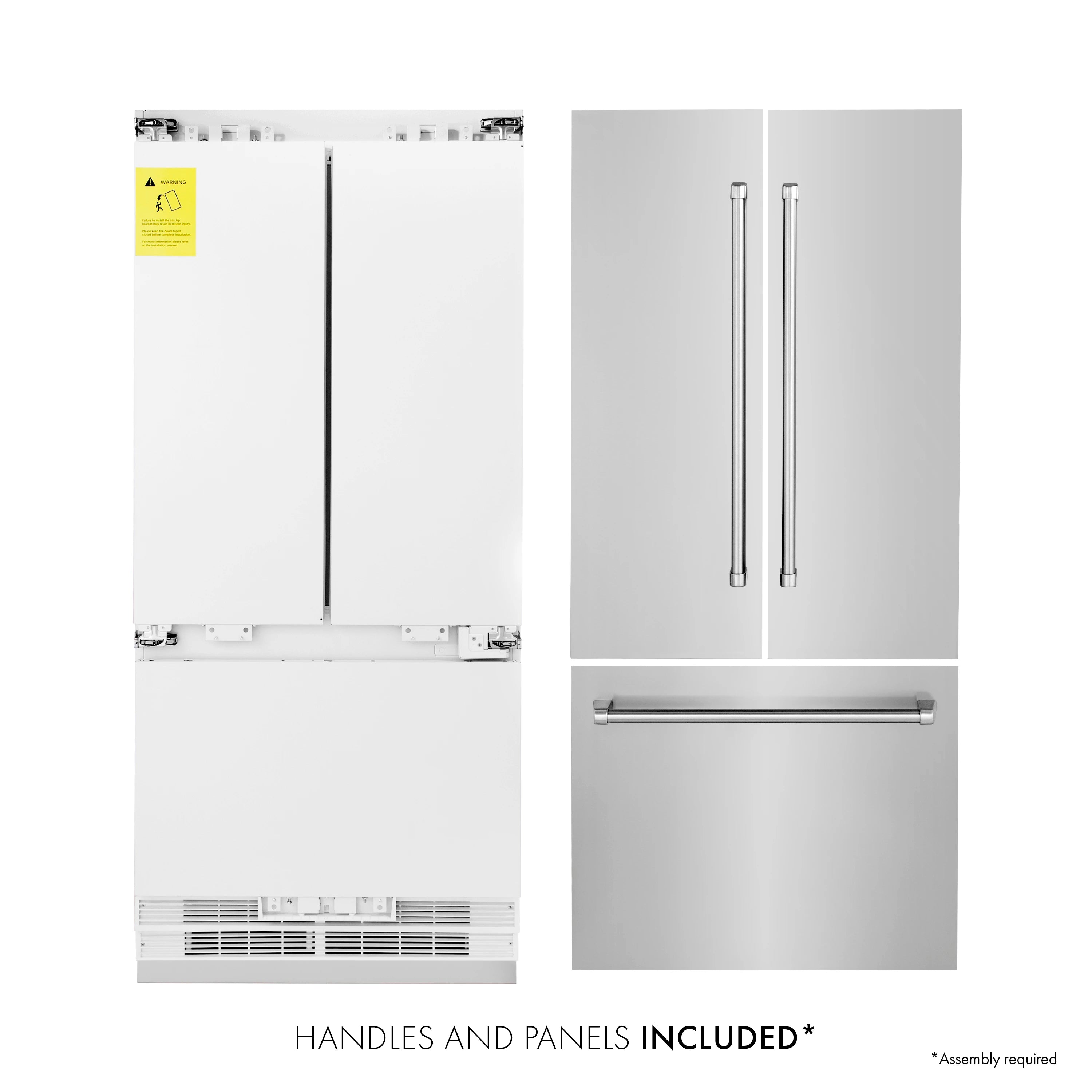 Refrigerator with included handles and panels shown in two separate views.
