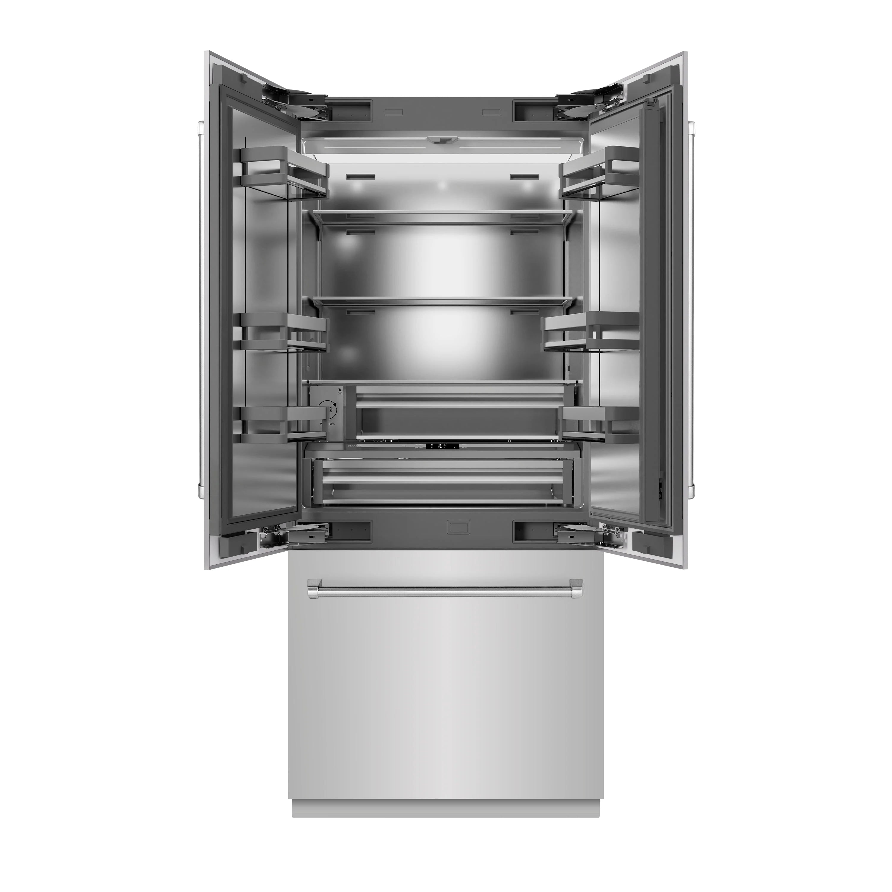 Open bottom freezer compartment with pull-out shelves and organized storage interior