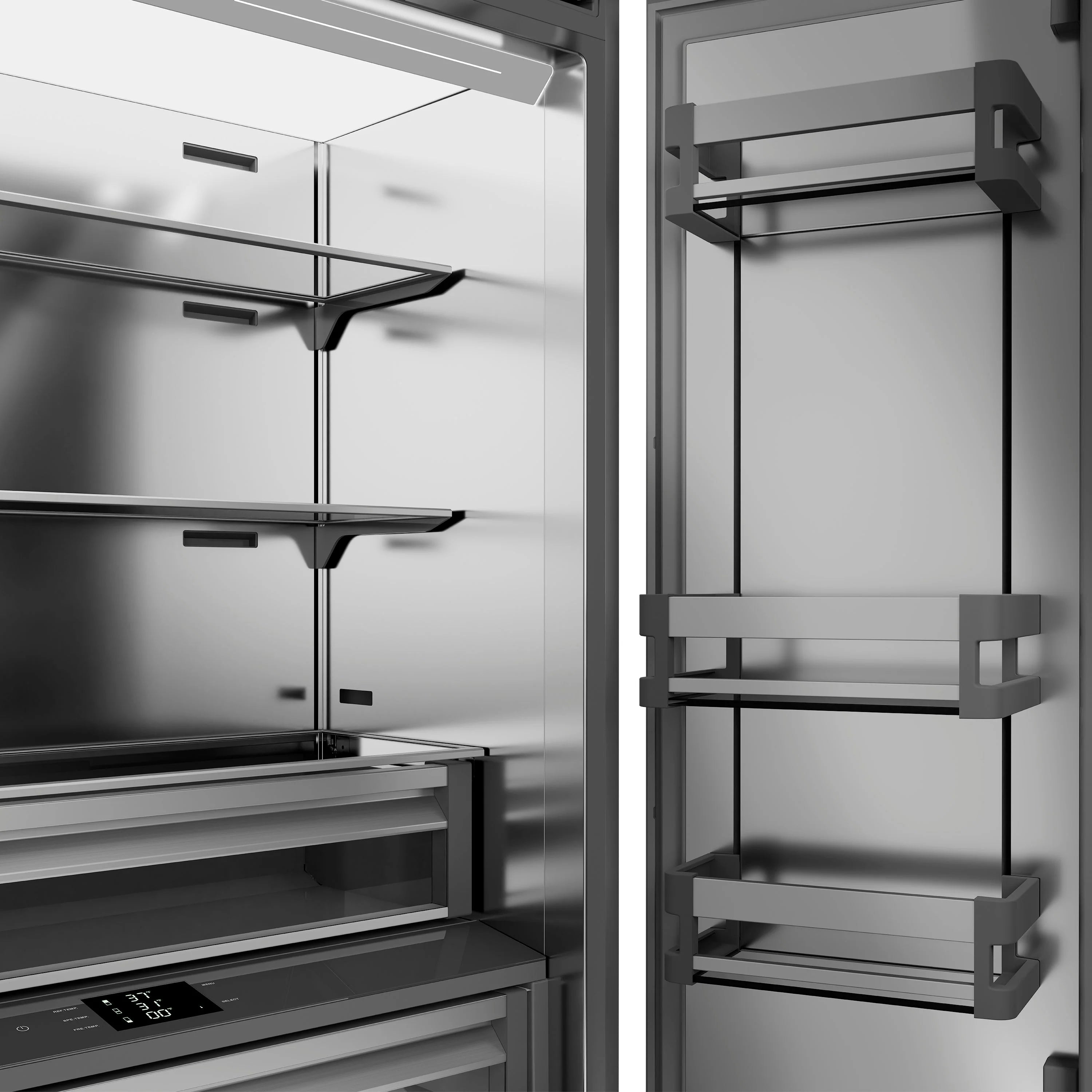 Open refrigerator door with shelf bins and slide-out storage trays in stainless steel