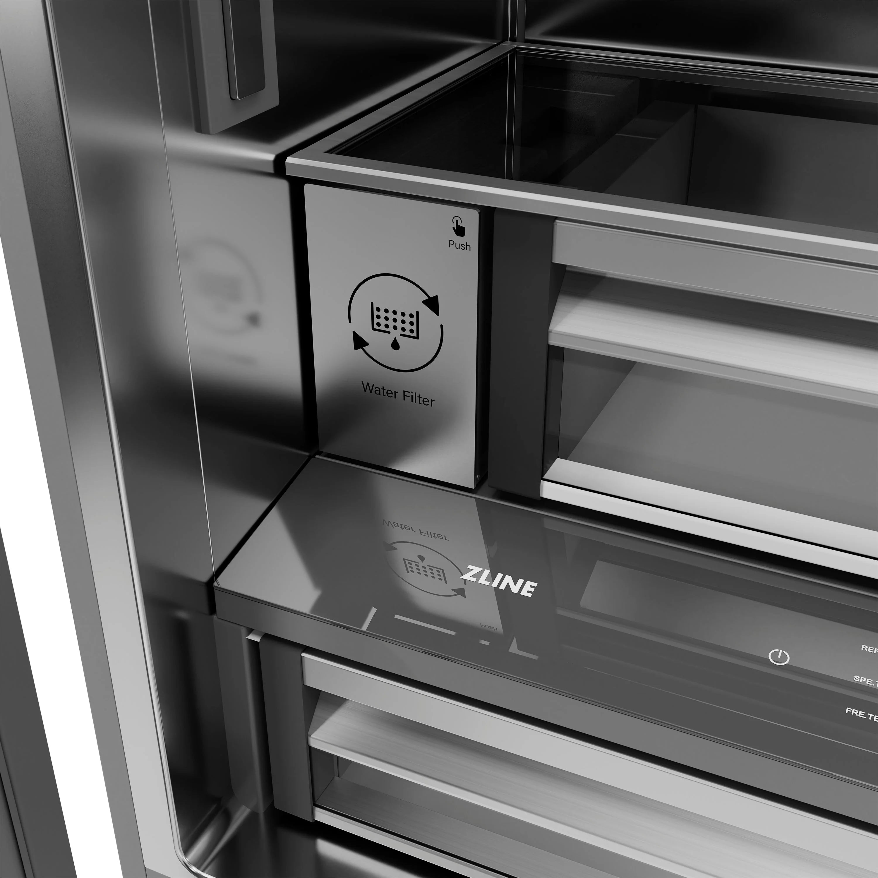 Stainless steel water filter housing beside open freezer compartment