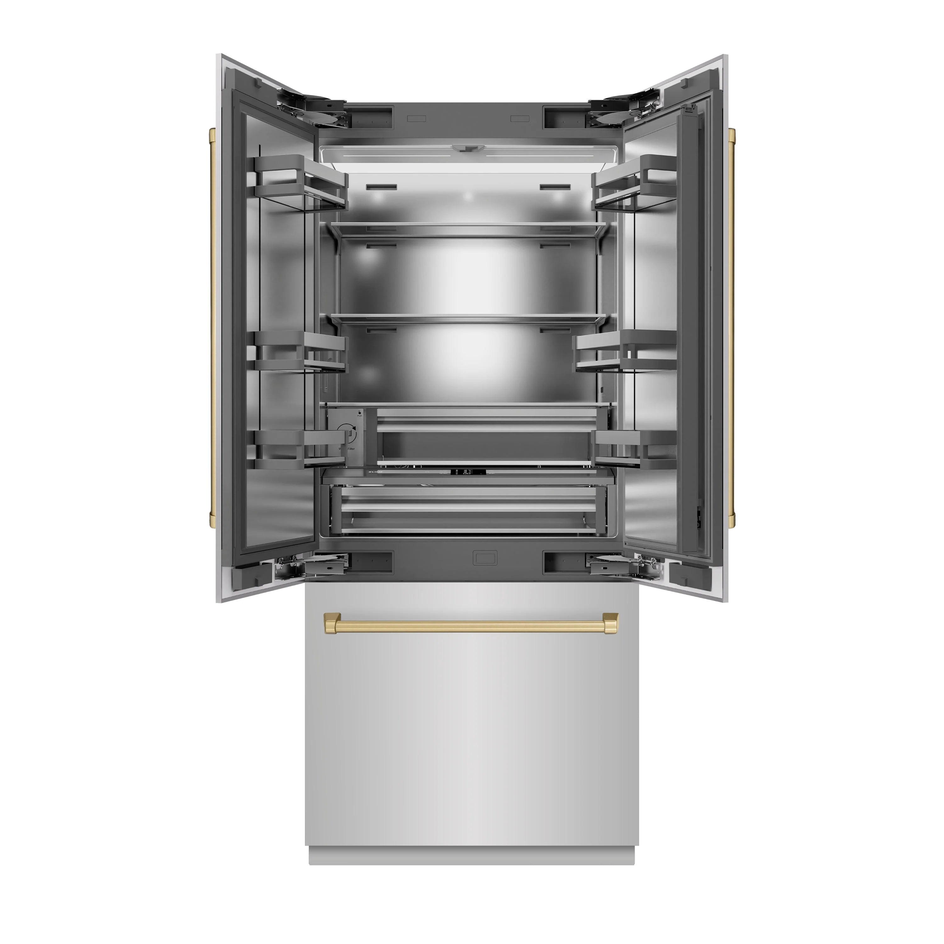 Open refrigerator interior with adjustable shelves and door storage compartments