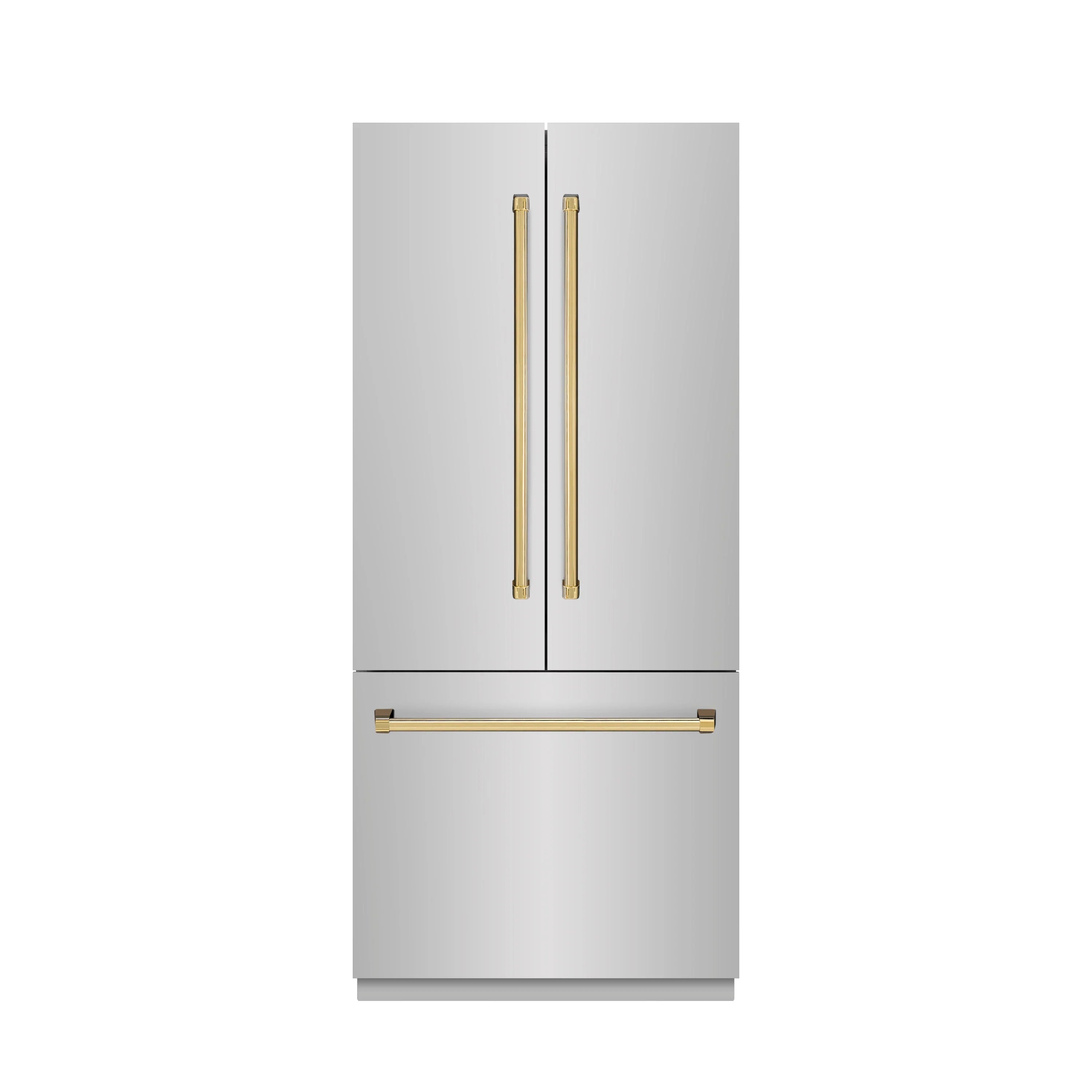 Gold-accent trim pieces for French door refrigerator on stainless steel exterior
