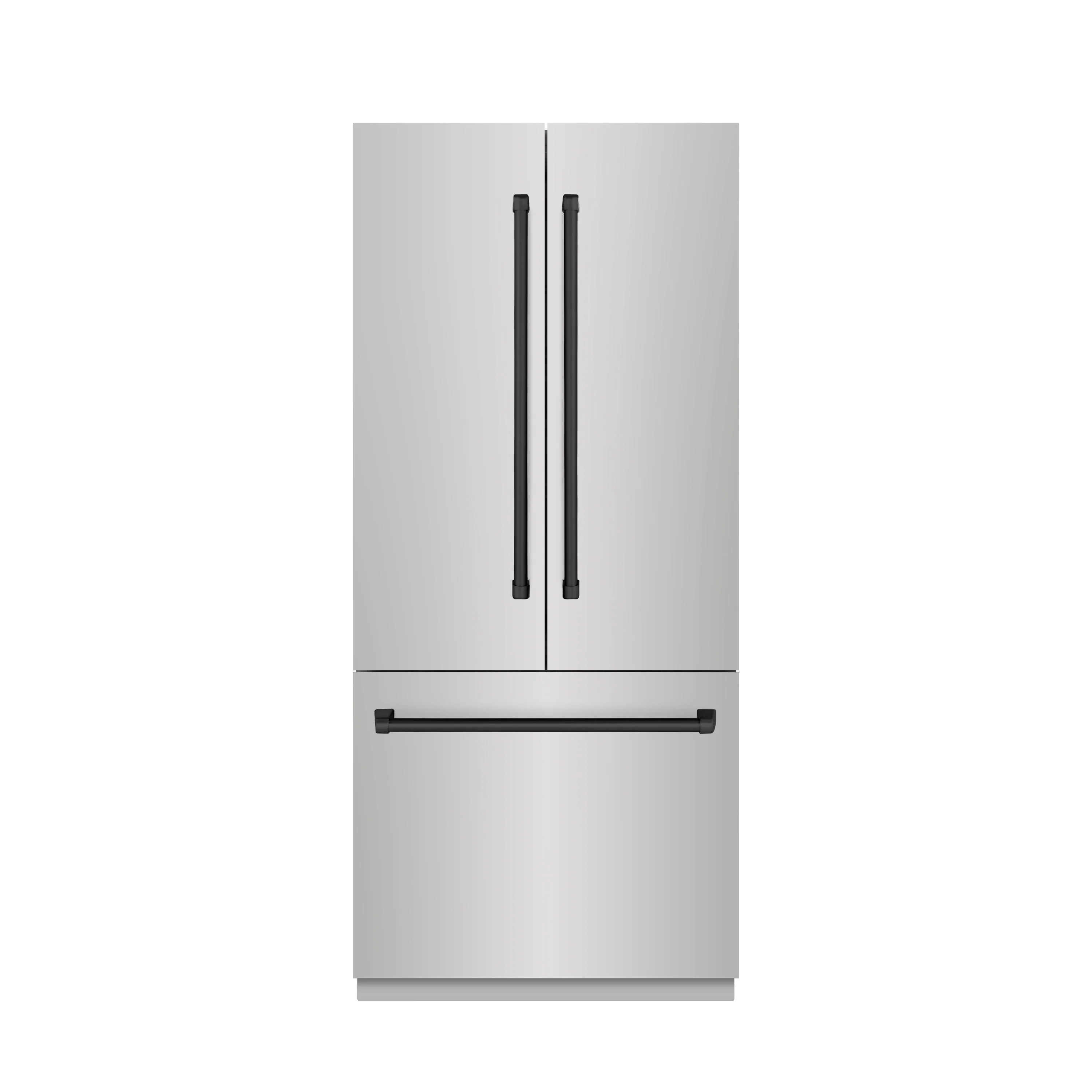 Stainless French door refrigerator with water dispenser handle and black accents
