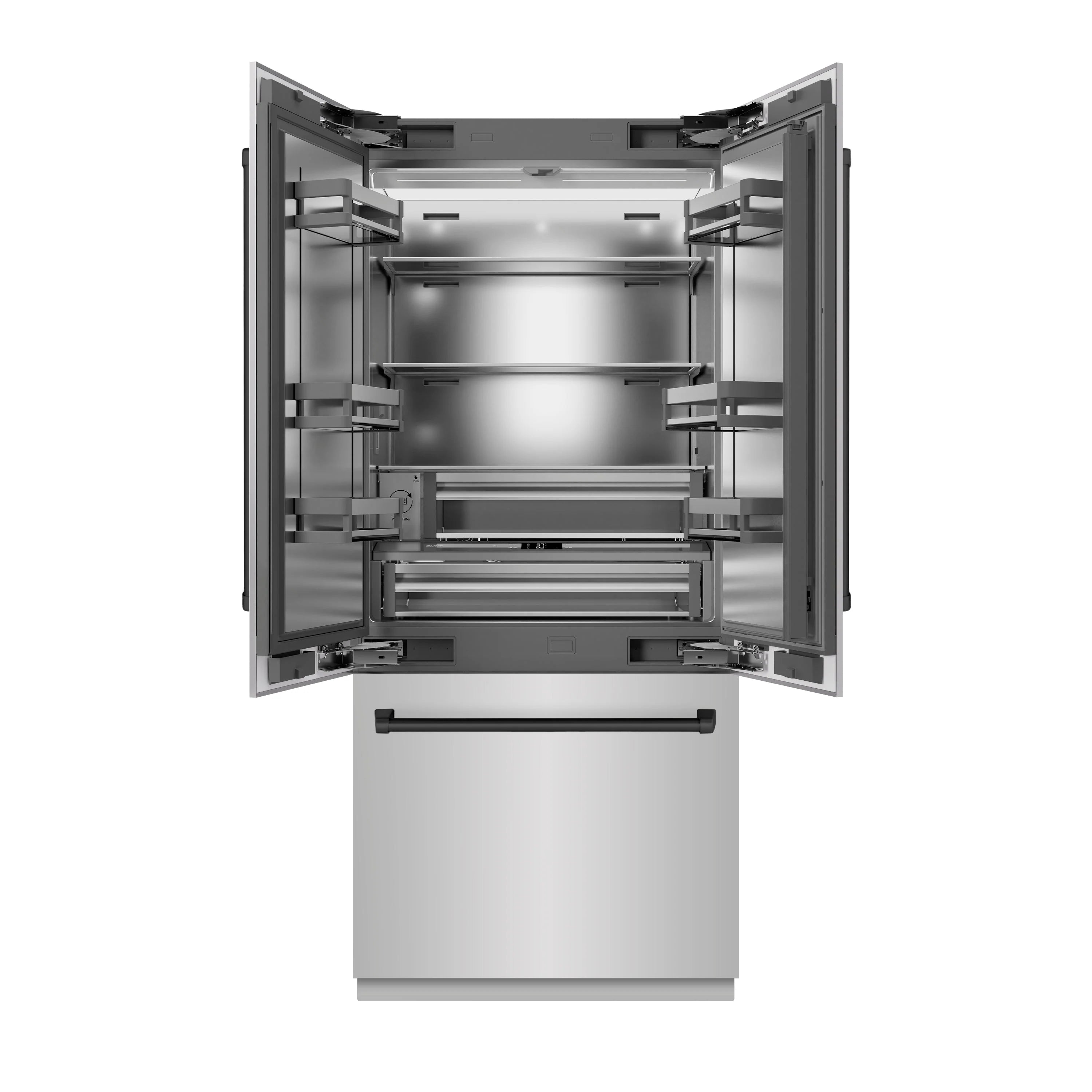 Open French door refrigerator with freezer drawer and adjustable interior shelves