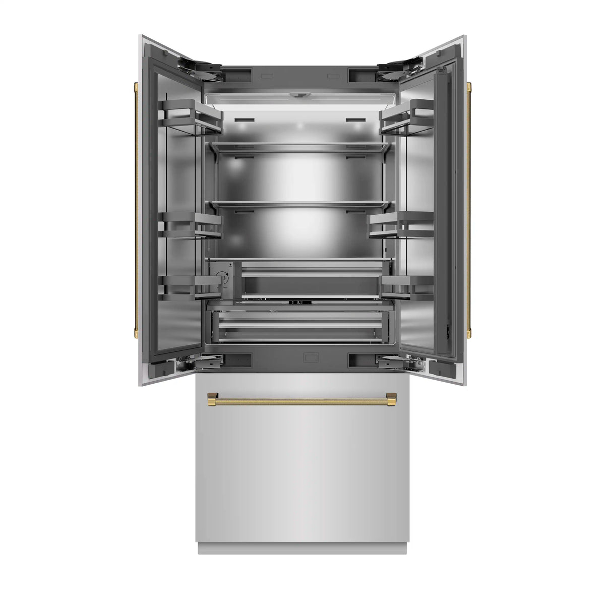 French door refrigerator open view showing stainless interior shelves and drawer