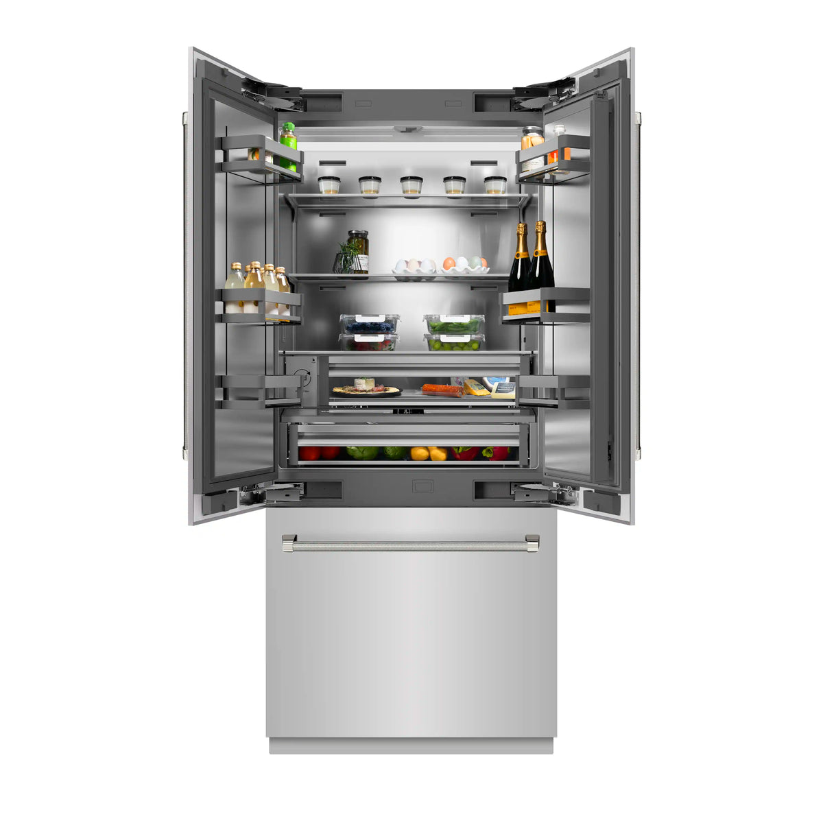 Open French door refrigerator interior with shelves, bins, and pull-out drawer