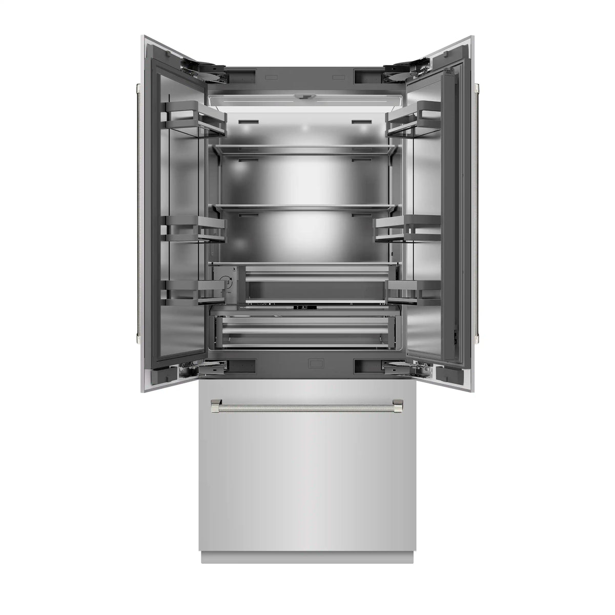 Open French door refrigerator interior with adjustable shelves and pull-out drawer