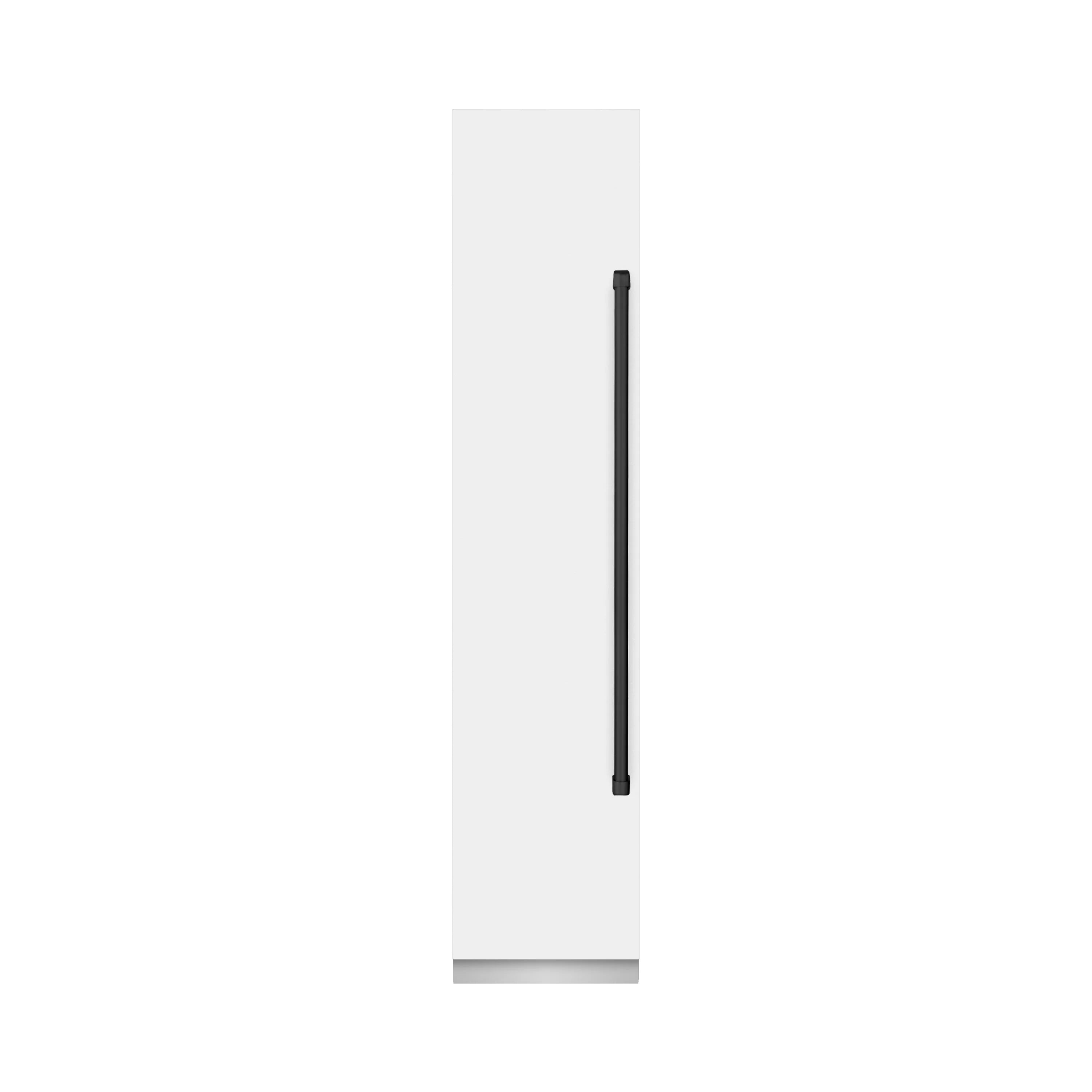 White column freezer door showing left hinge orientation, black hinge detail