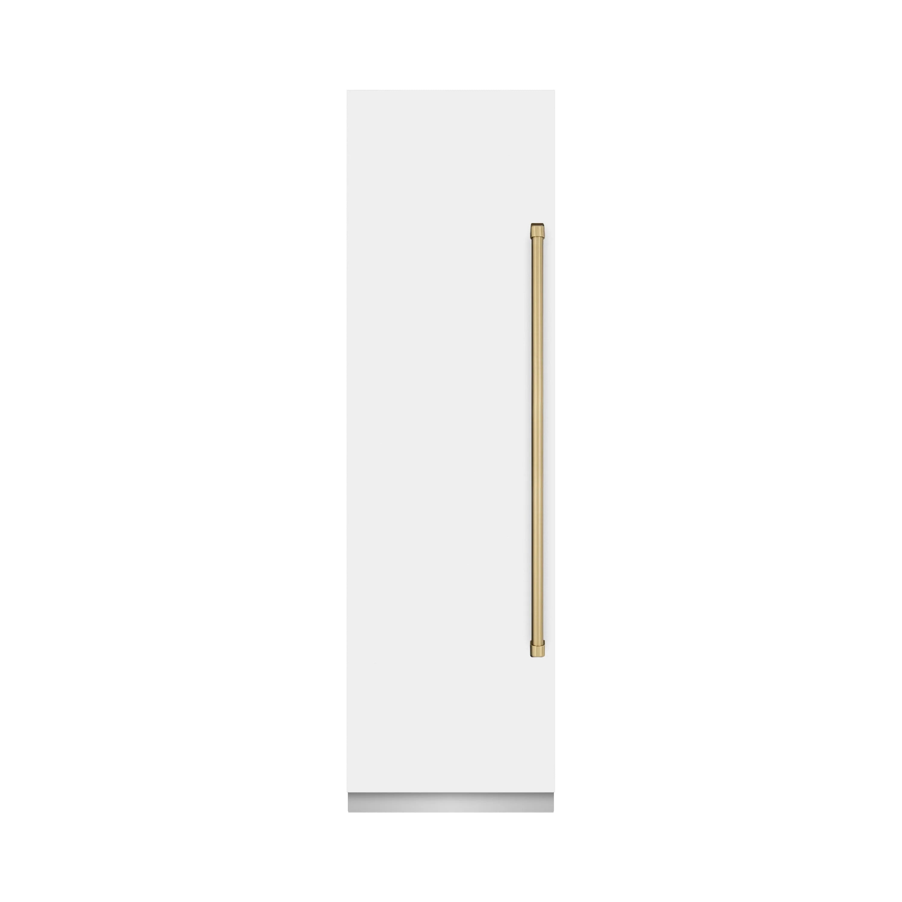 White matte freezer side profile with champagne bronze vertical handle