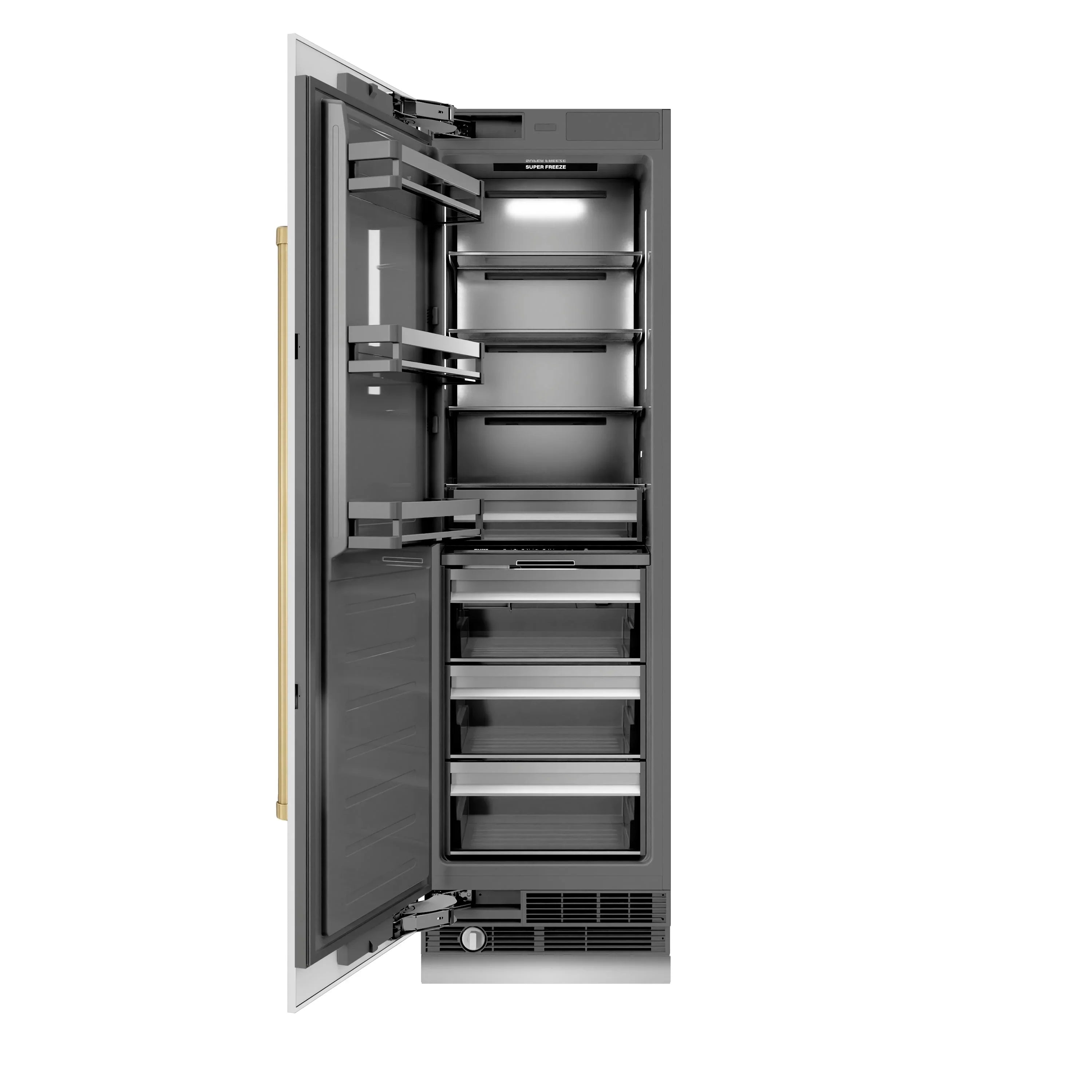 Refrigerator/freezer column with open door showing shelves and drawer bins