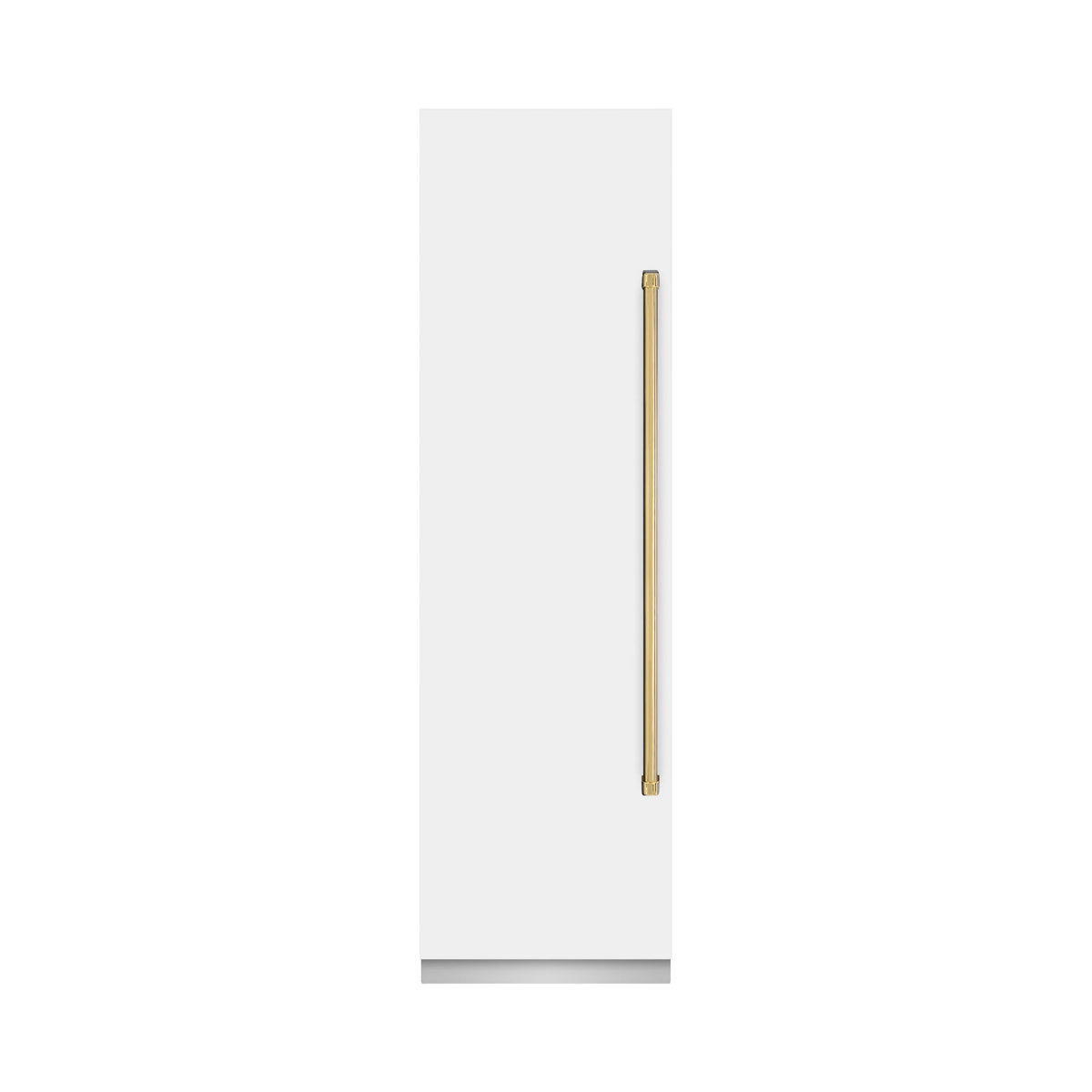 Matte white freezer handle with polished gold accent bar