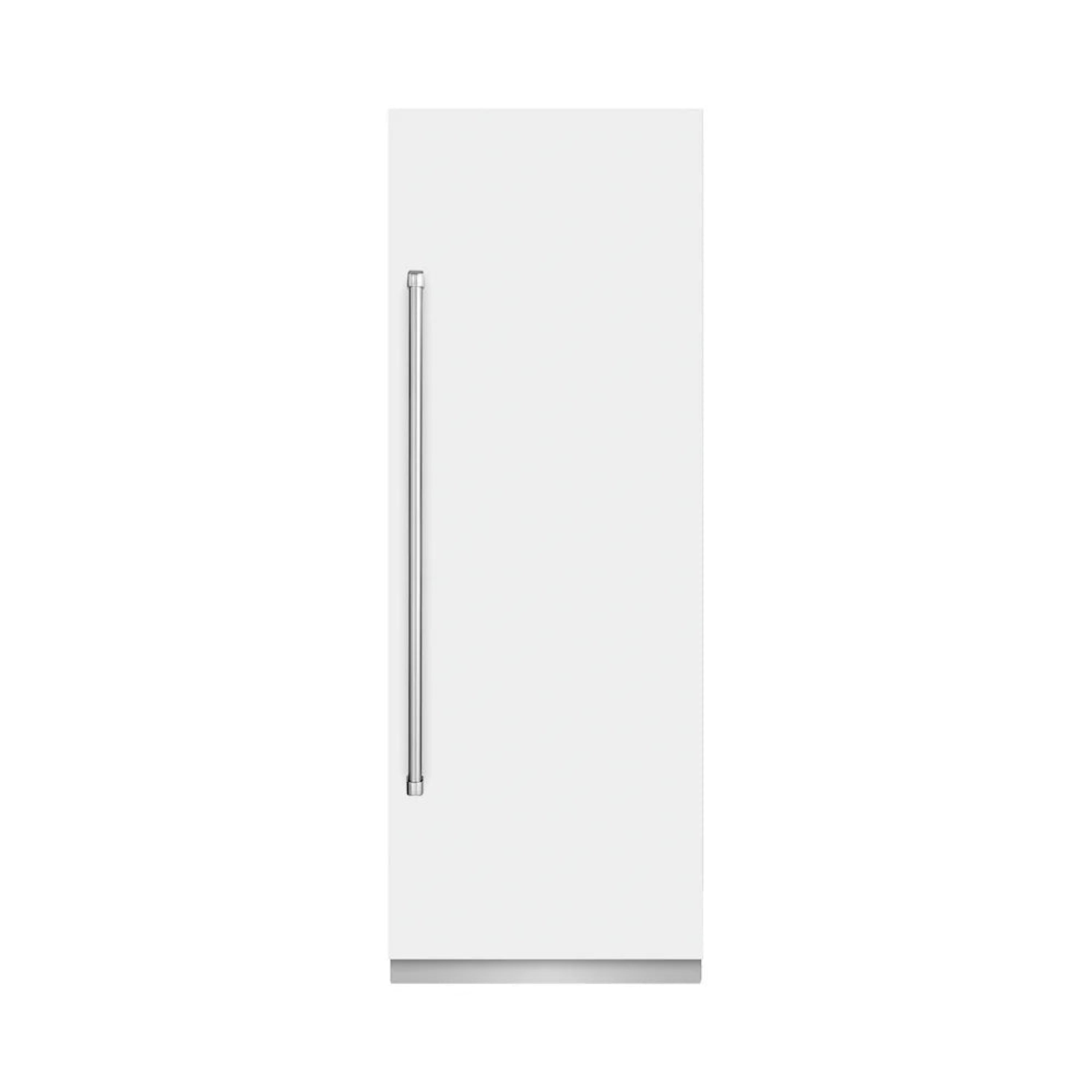 White refrigerator-freezer cabinet with long vertical handle, simple front elevation view