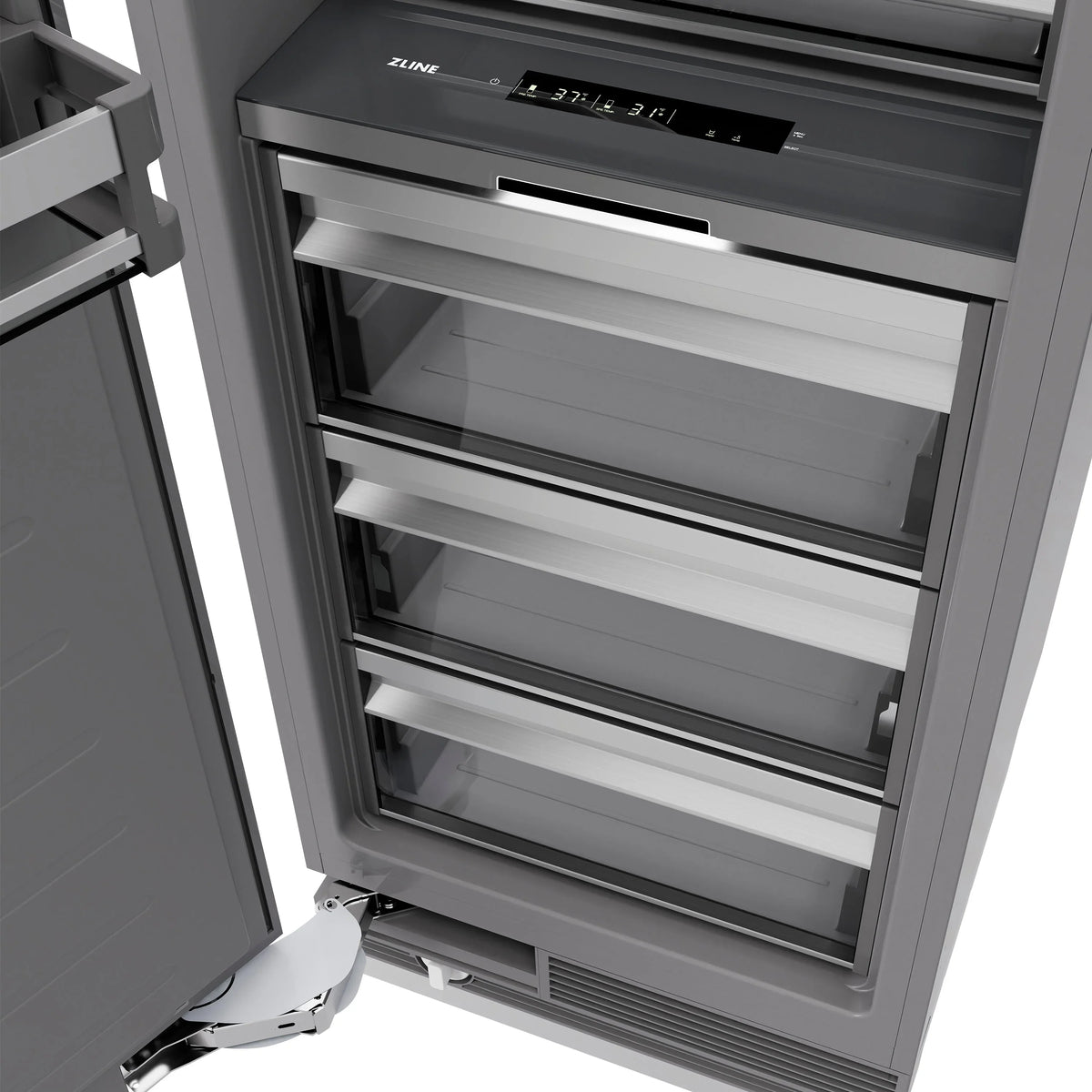ZLINE refrigerator door open with glass shelves and bottom vent grille