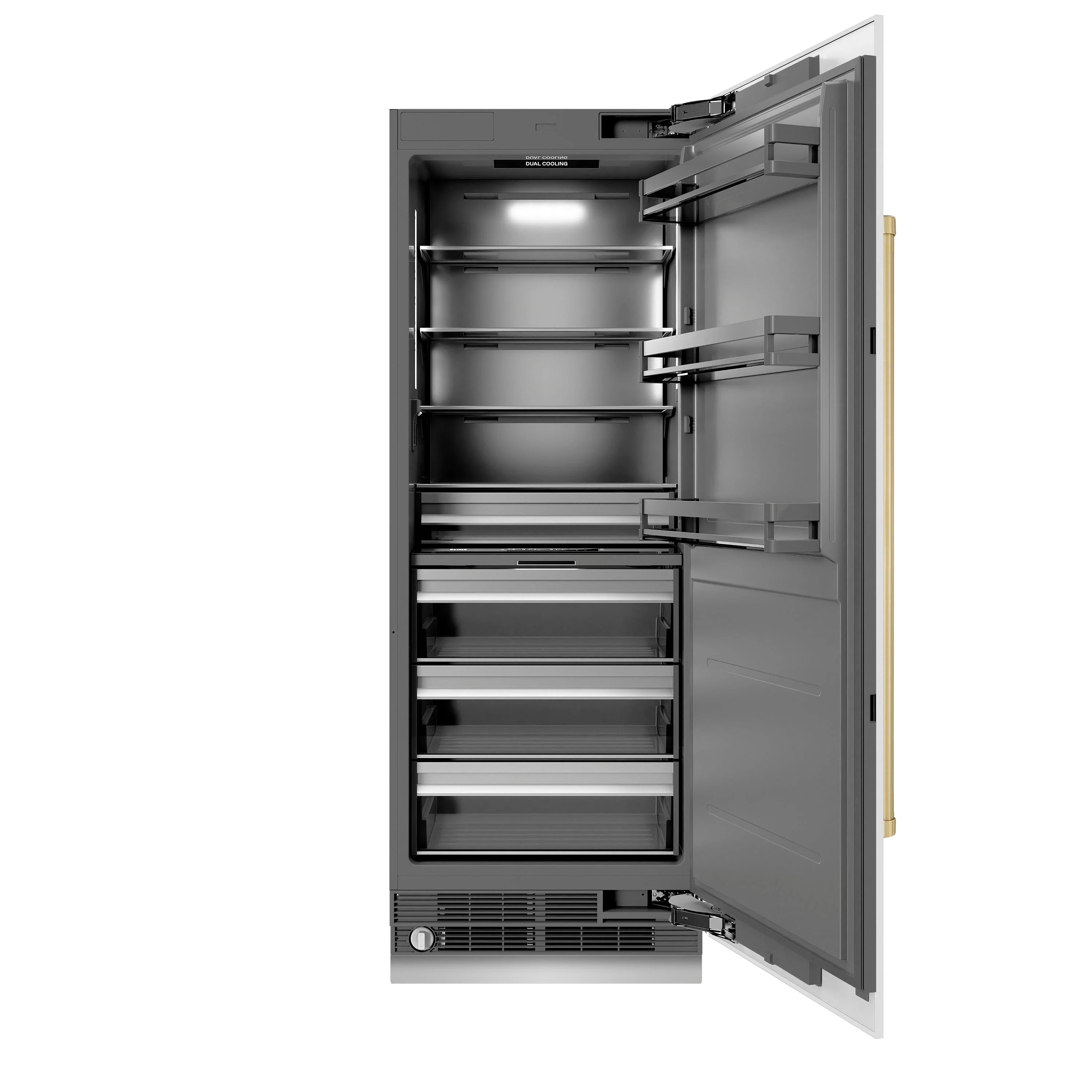 Open column refrigerator with multiple shelves and champagne bronze right-side handle