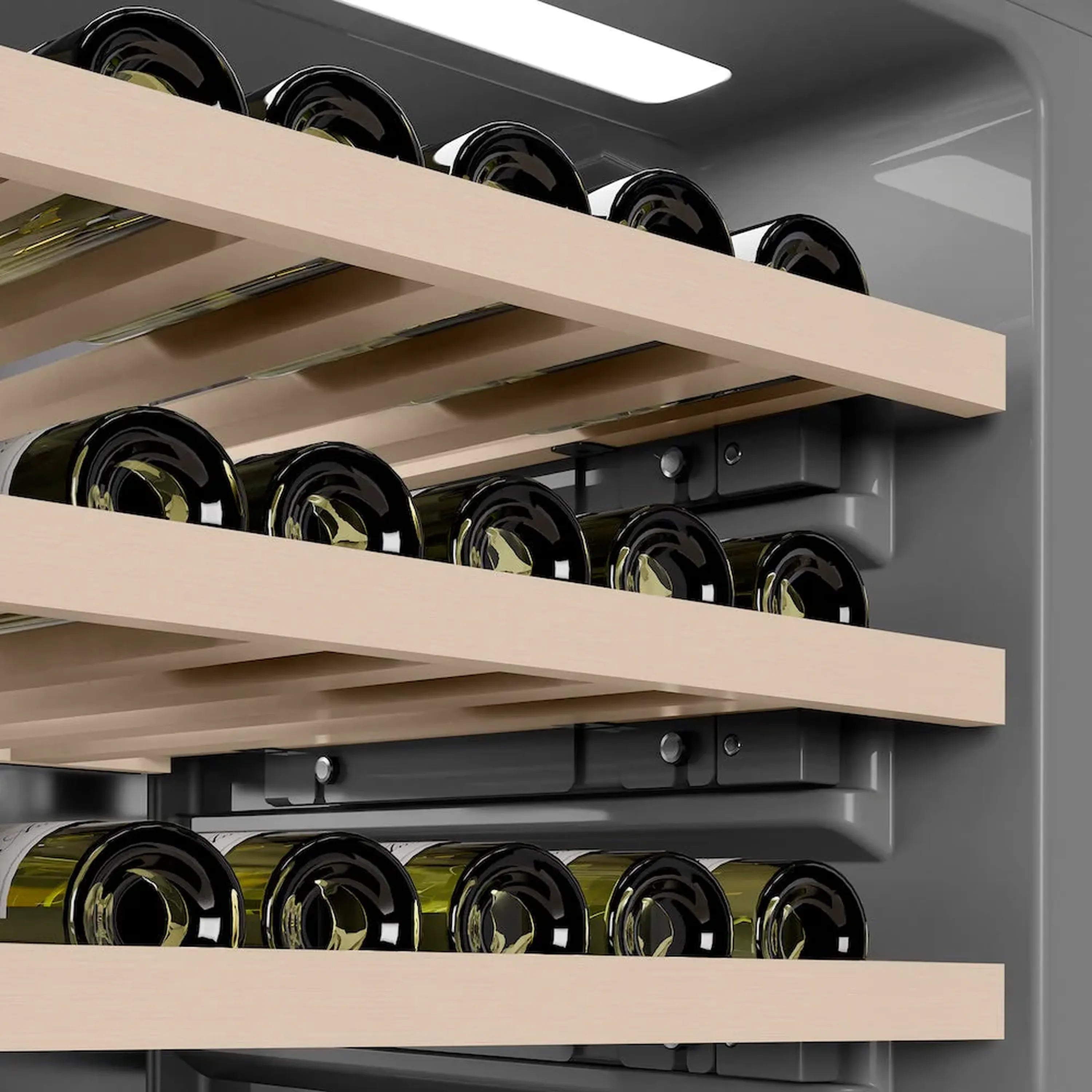 Wine cooler interior with multiple beige wood shelves holding bottles
