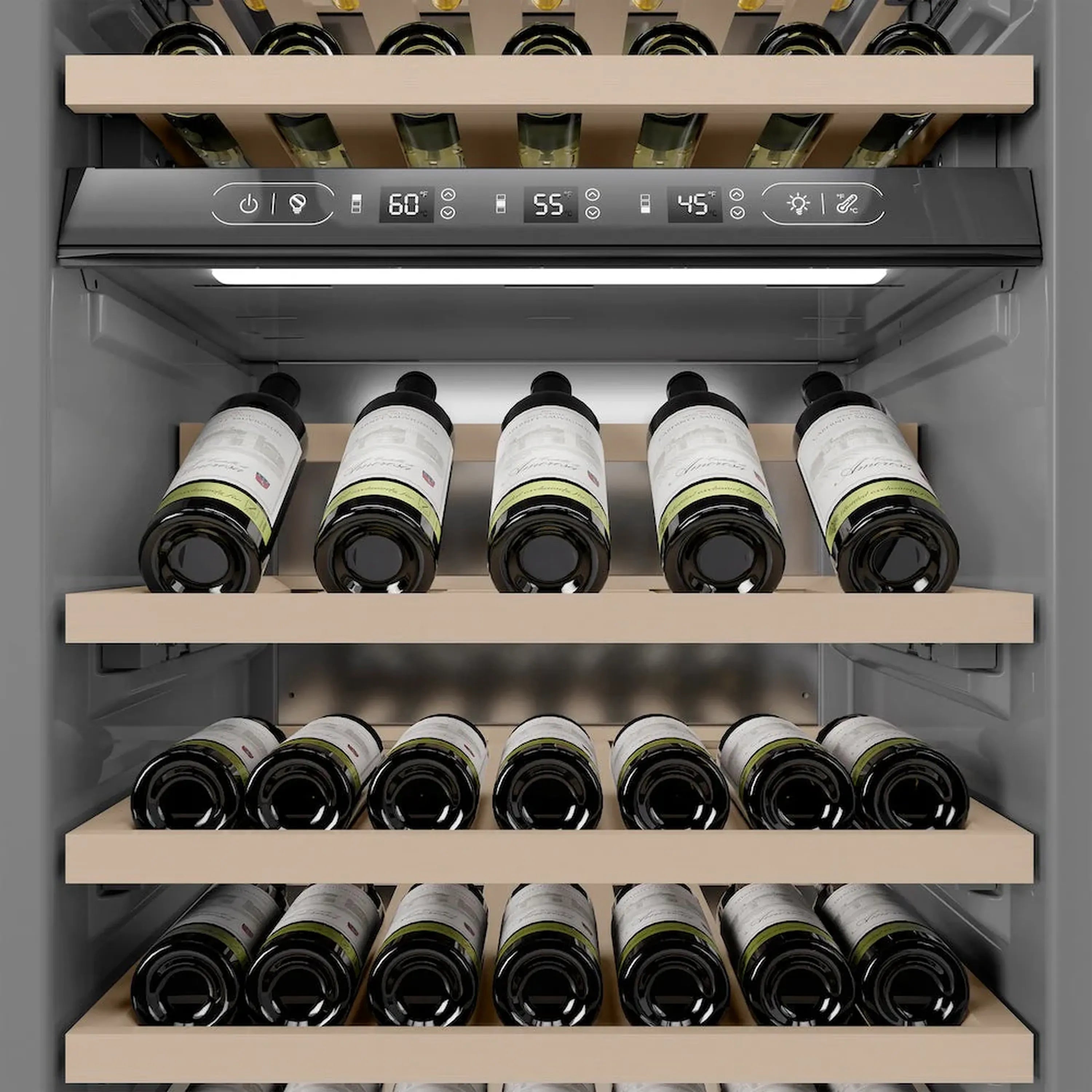 Wine cooler open interior with bottles arranged on wood racks