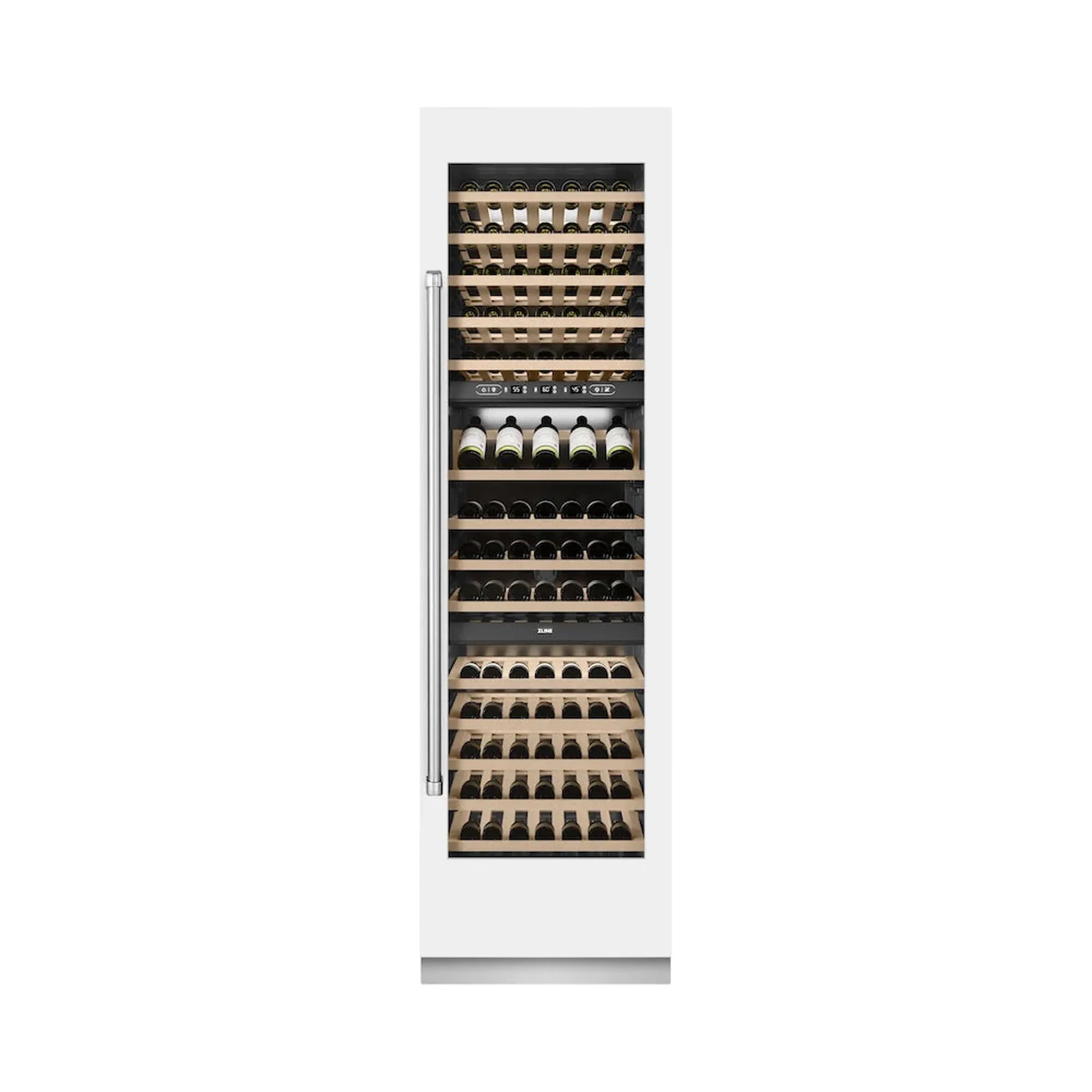 Wine cooler door open with bottles stored across multiple wood racks